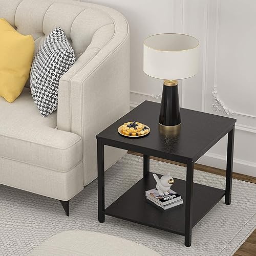 Miniatura 7 de Homieasy Mesa auxiliar cuadrada de 20 pulgadas, mesa auxiliar de té de café de 2 niveles para sofá cama, decoración de madera de metal, mesa