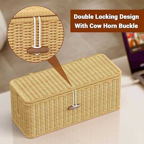 Miniatura 3 de Caja de organización de cables, organizador de regleta de alimentación con cubierta bloqueada, organizador de cables de ratán hecho a mano,