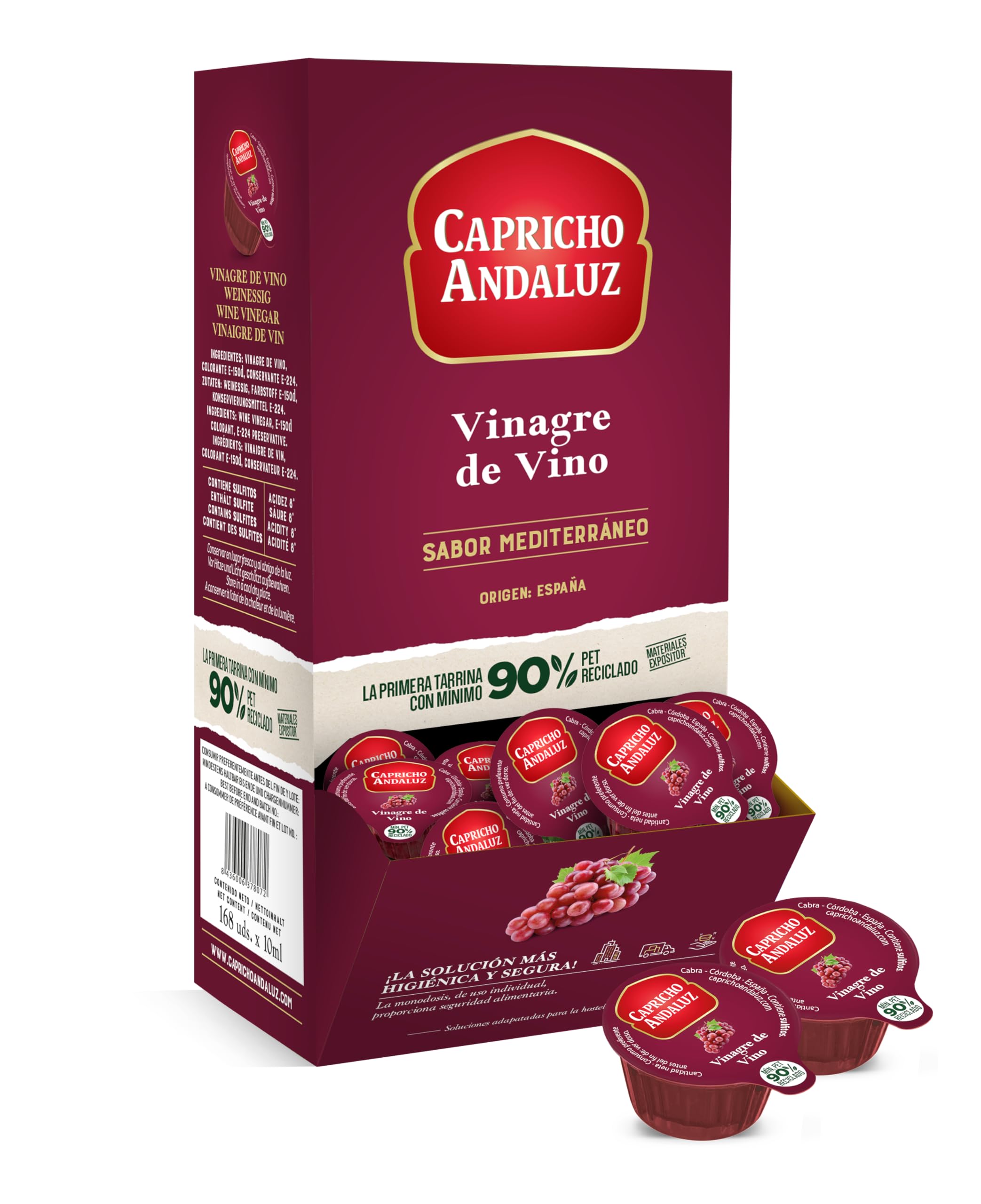 Capricho Andaluz Vinagre de Vino Expositor 168 Monodosis 10 ml para Restauración Aderezos Ensaladas
