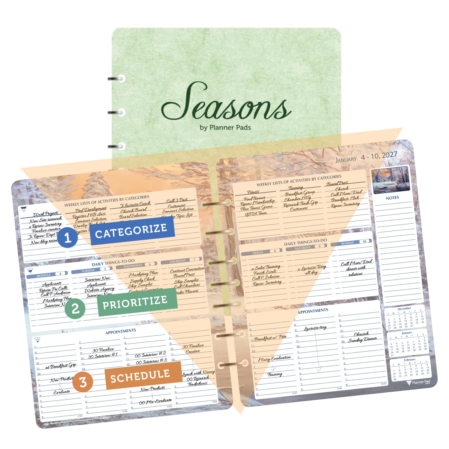 Planner Pad 7-Loch-lose Blätter, Januar-Dezember 2027, Kalenderjahr, 17,1 x 21,6 cm, mittelgroßer 3-stöckiger Trichter, 12 Monate/Wochen-Organizer, saisonale Farbtinte