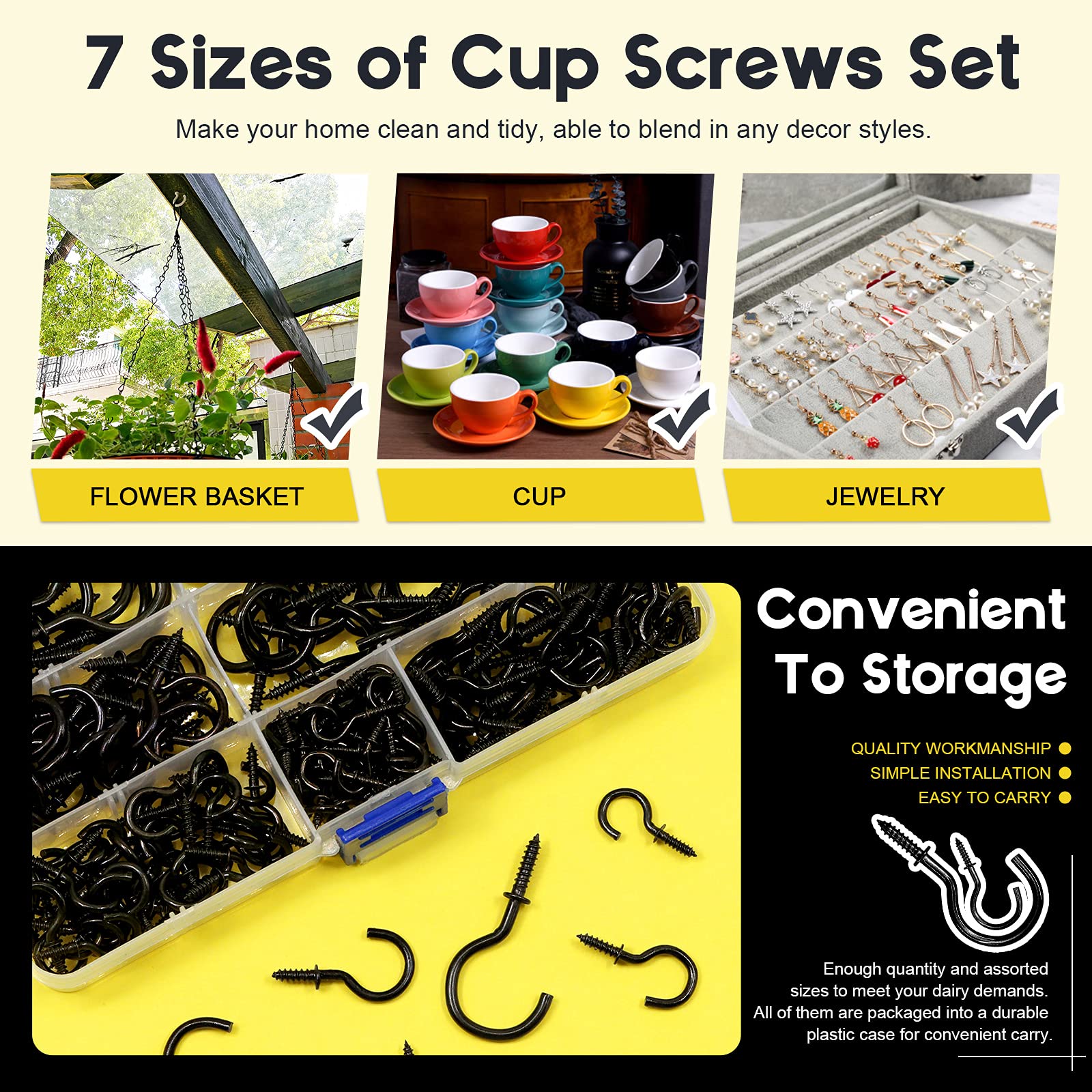 Mardatt 205 Pcs 7 Sizes Metal Hanging Hooks Kit Black Screw in Cup Hooks Light Hooks, Wall Ceiling Hook Hanger - Image 3