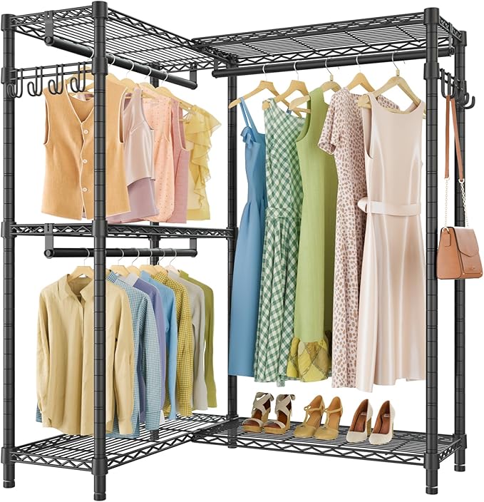 VIPEK L4S Garment Rack L Shaped Clothes Rack for Corner, Freestanding Portable Wardrobe Closet Heavy Duty Clothing Rack with 3 Hanging Rods & 2 Side Hooks, 43.3"Lx29.1"Wx76.4"H, Max Load 810LBS, Black