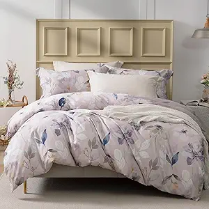 MILDLY 100% Long-Staple Cotton Duvet Cover Set Light Gray Pink Floral Leaf Pattern Printed Comforter Cover 3pcs, Ultra Soft & Breathable Bedding Set