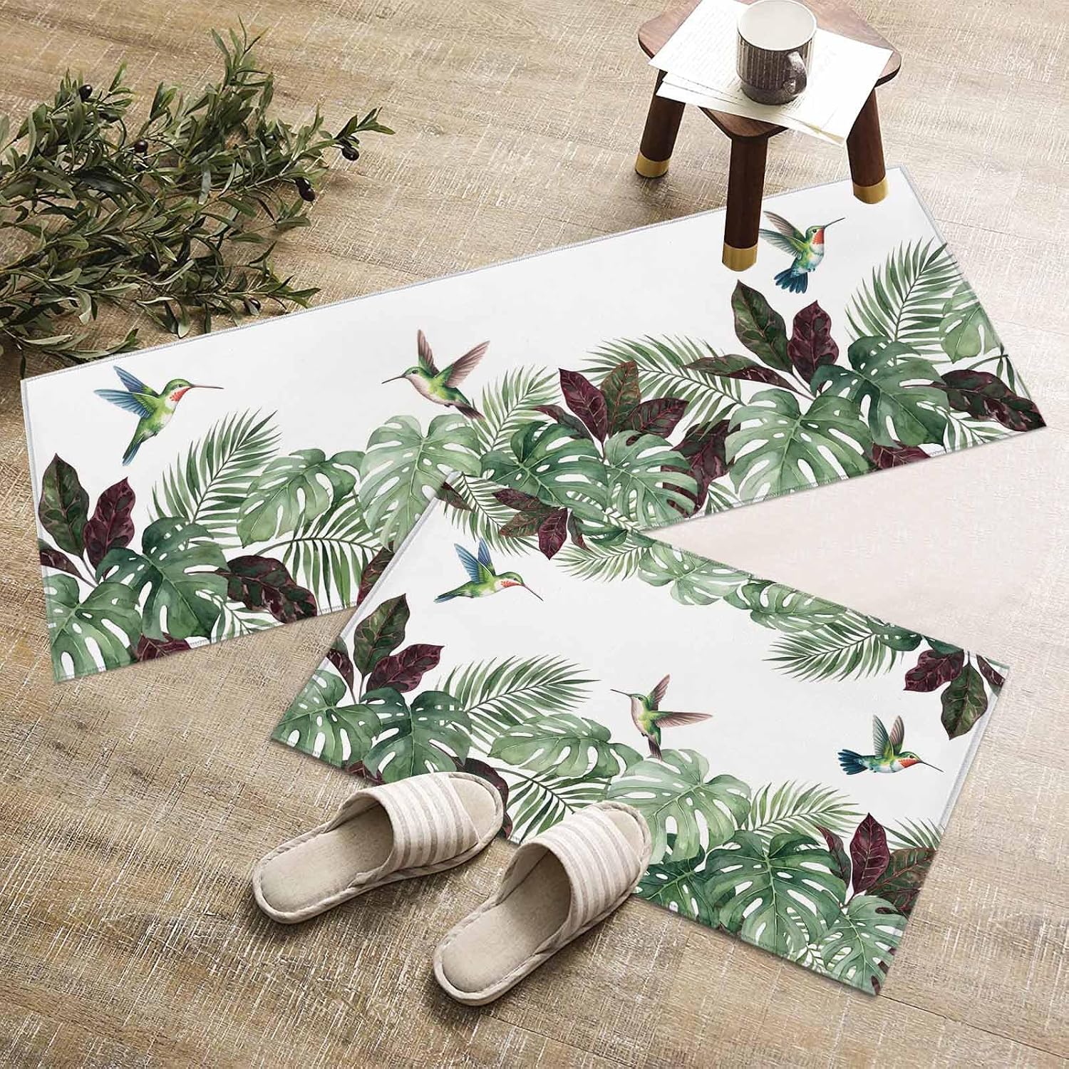 Kitchen Mats for Floor Summer Hummingbird Green Leaf Washable Non Slip Kitchen Rugs 2PCS, Tropical Bird Monstera Palm Leaves Absorbent Standing Mats for Sink Living Room 15.7x23.6in+15.7x47.2in