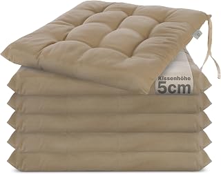 Brandsseller 6er Set Stuhlkissen 40x40x5 cm Sitzkissen Polster Stuhlauflage mit Haltebändern Dekokissen für Indoor Outdoor gesteppt - Taupe