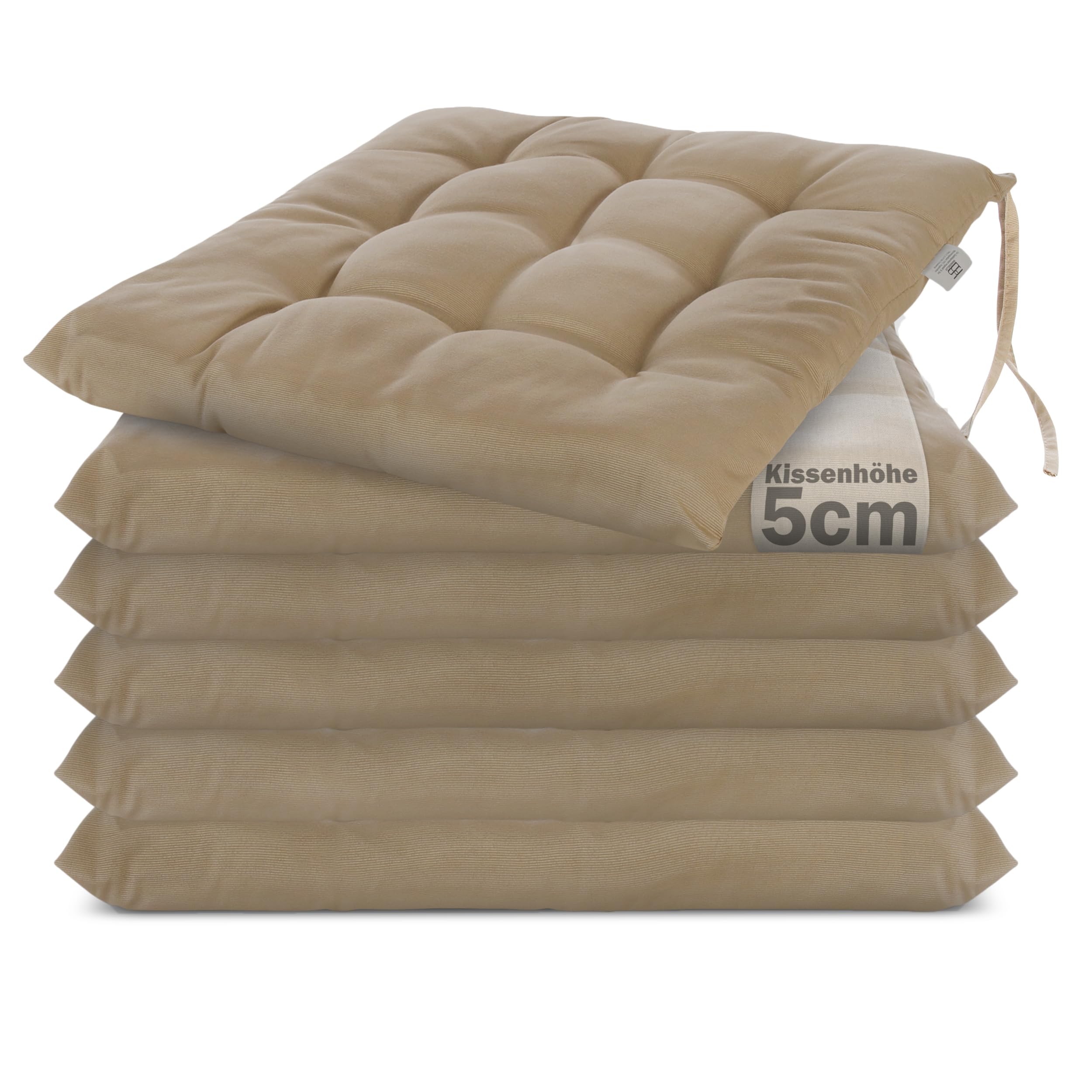 Brandsseller 6er Set Stuhlkissen 40x40x5 cm Sitzkissen Polster Stuhlauflage mit Haltebändern Dekokissen für Indoor Outdoor gesteppt - Taupe