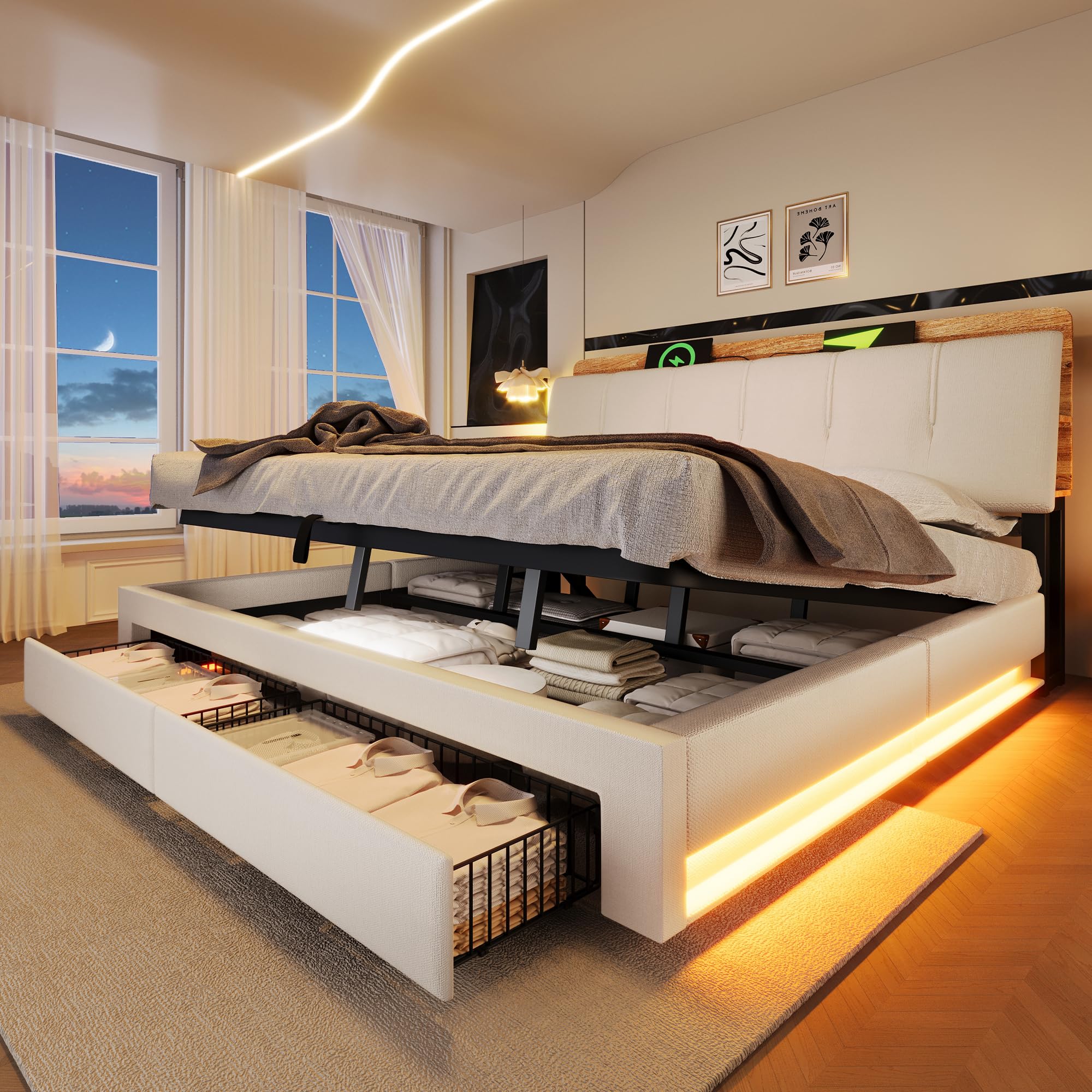 Lit Coffre 180x200 cm, Lit Double à Levage Hydraulique, Cadre de lit avec Prises USB/Type-C, Éclairage LED, 2 Tiroirs, Rangement Multifonctionnel, Sommier à Lattes en Bois, Lin, Beige