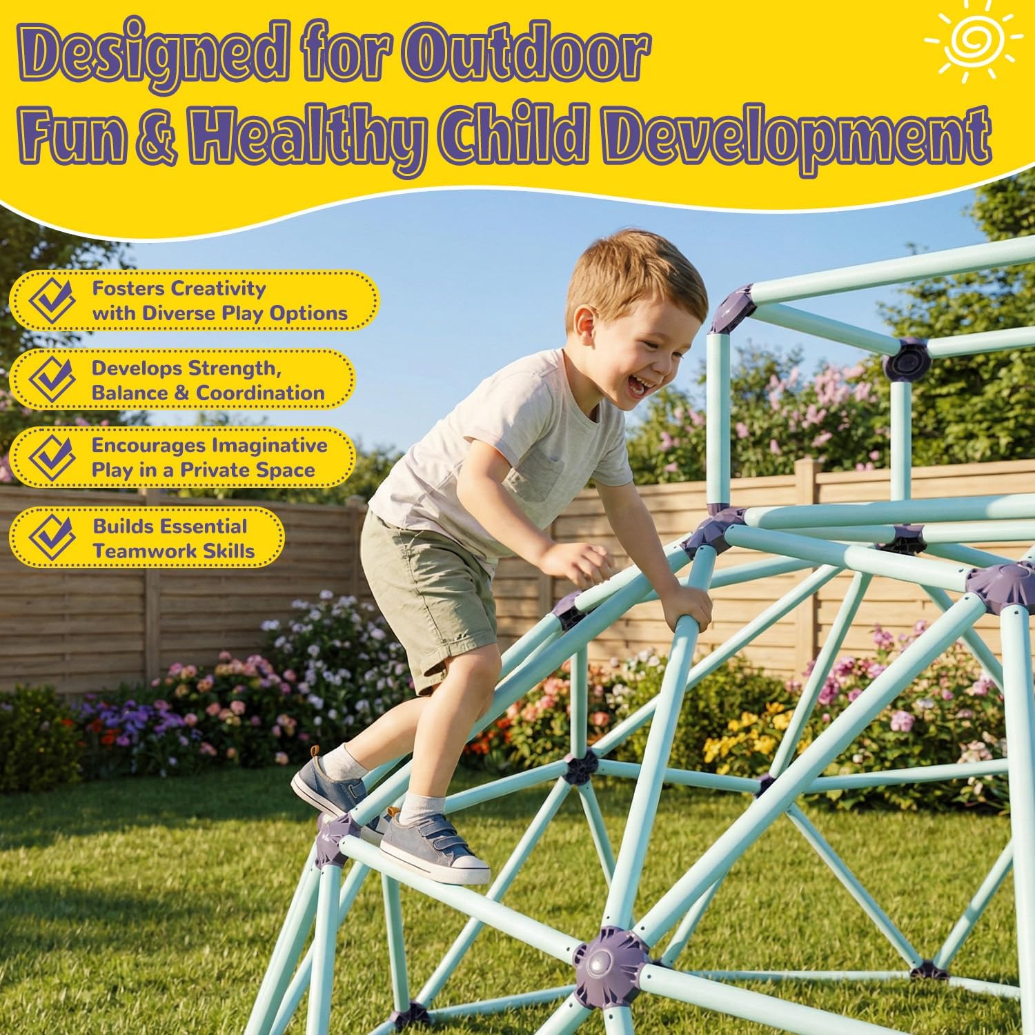 6 ft Climbing Dome with Top, Outdoor/Indoor Geometric Jungle Gym Playset, Dual Safety-Lock Playground Equipment for Kids Ages 3-8, Easy Assembly Dome Climber, Blue/Purple
