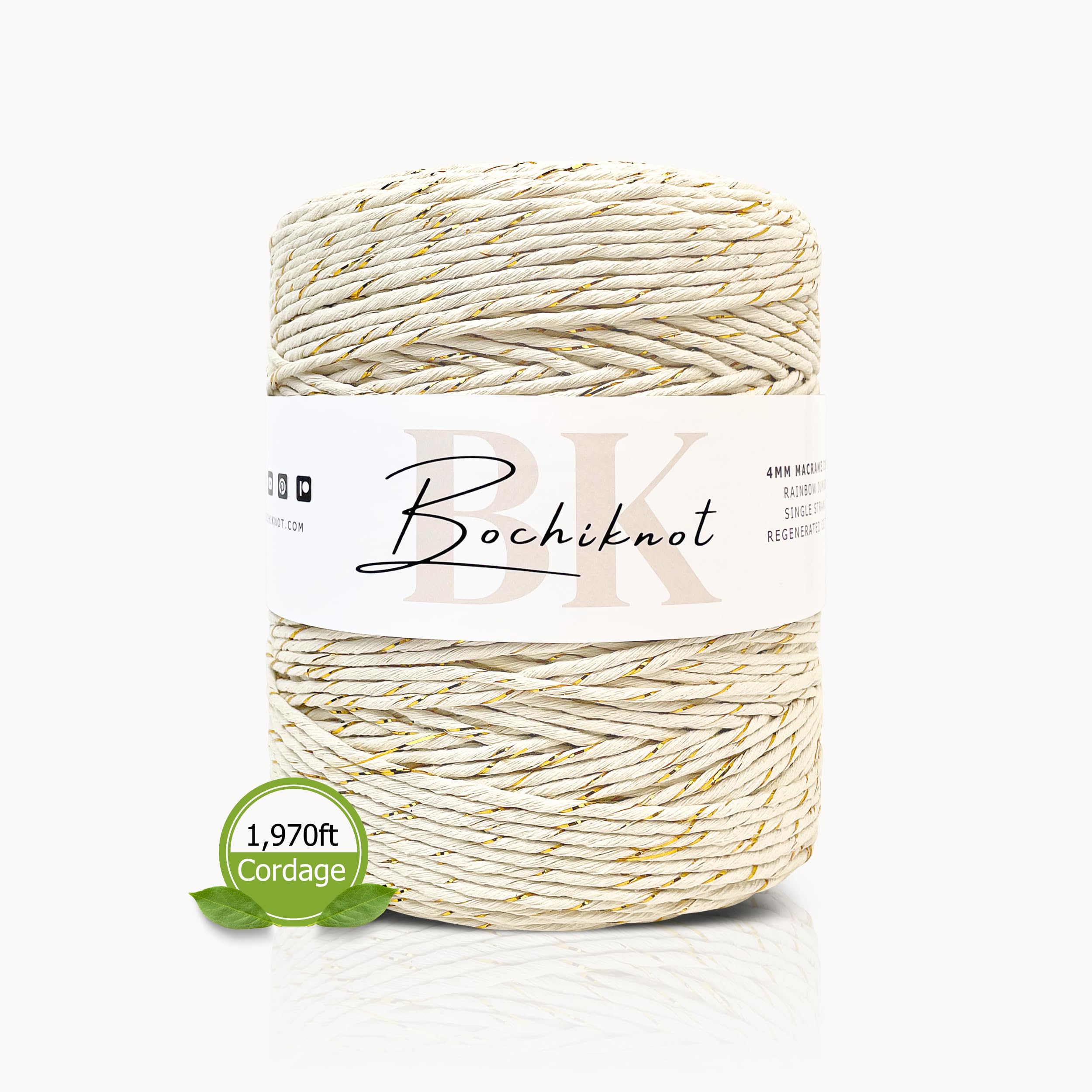 BOCHIKNOT Cuerda de macramé de 3 mm en rollo jumbo, 650 yardas, cuerda de algodón para macramé, hilo de 3 mm, cuerda de algodón para anudar, ganchos de plantas (color, natural y dorado)