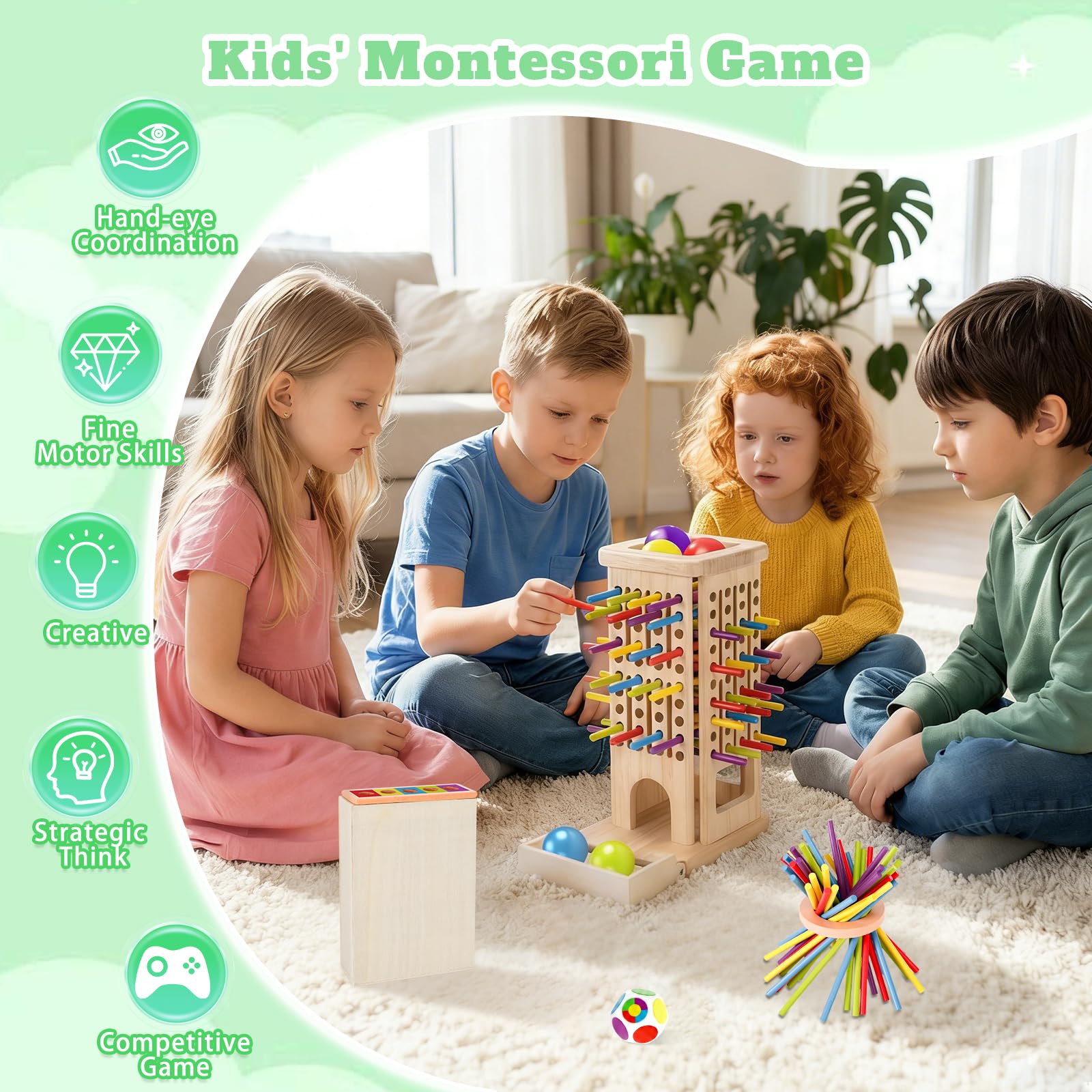 Giochi Montessori per Bambini 3-6 Anni, Gioco da Tavolo in Legno con 40 Bastoncini Colorati, Dado & Box di Legno, Fine Motor Game, Regalo Bambina Bambino 3-9 Anni