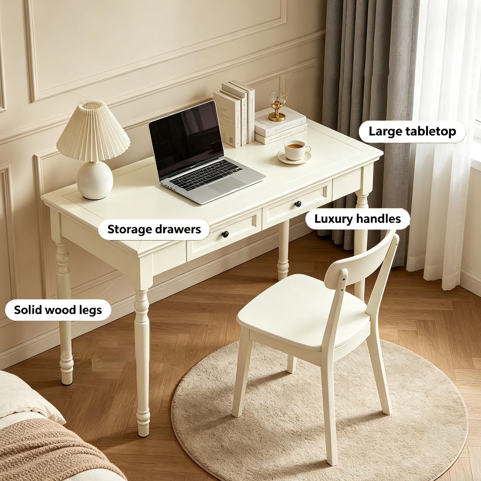 ADORZ Weißer Schreibtisch mit Schubladen, 120 cm | Home-Office-Schreibtische aus Massivholz, Schreibtisch für Heimbüro, Arbeitszimmer oder Schlafzimmer