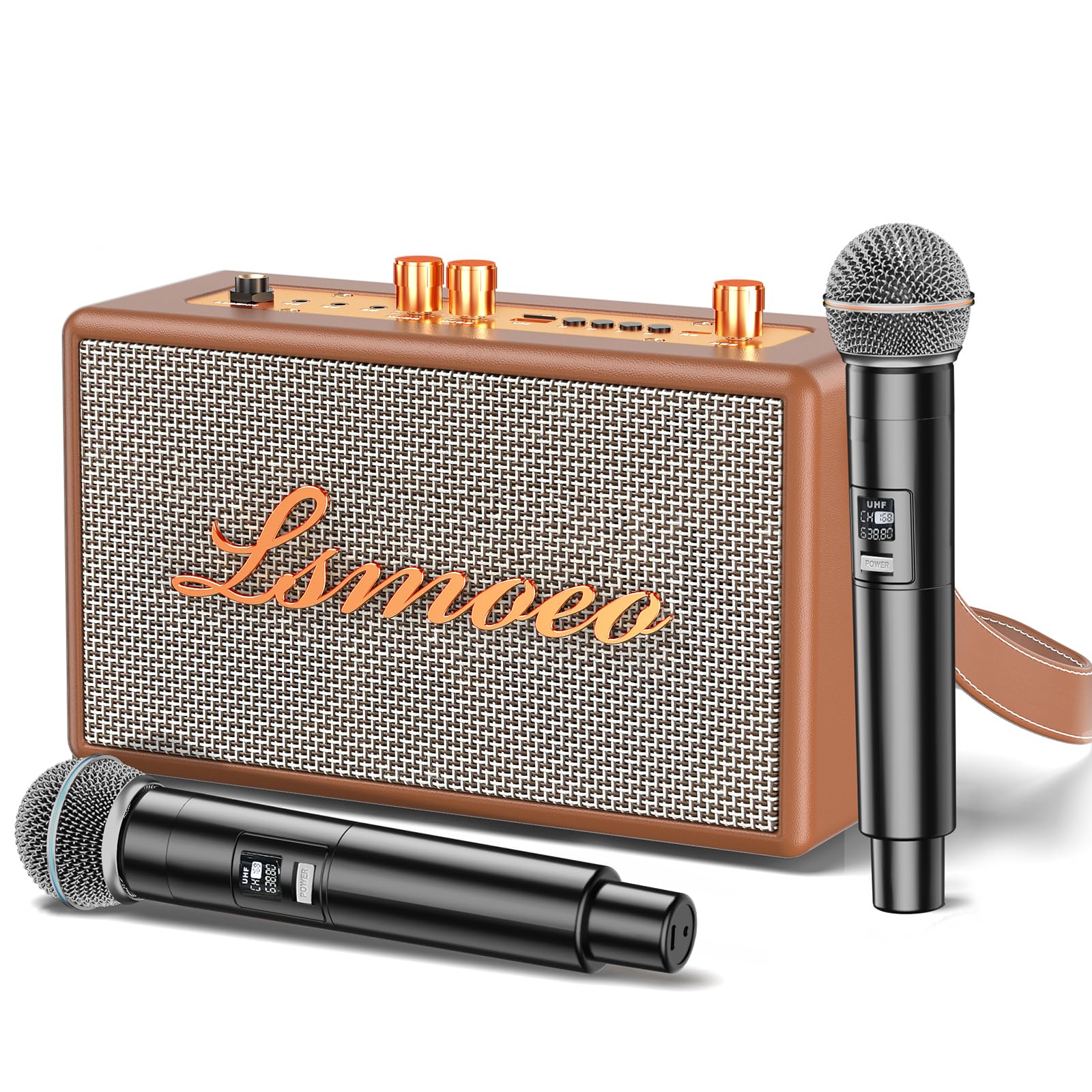 Karaoke Machine for Adults,2 Wireless Microphones for Karaoke Speaker, Portable Microphone and Speaker Support Four-Channel Microphone Expansion for Home Part,Car,Indoor/Vintage Gifts-Brown
