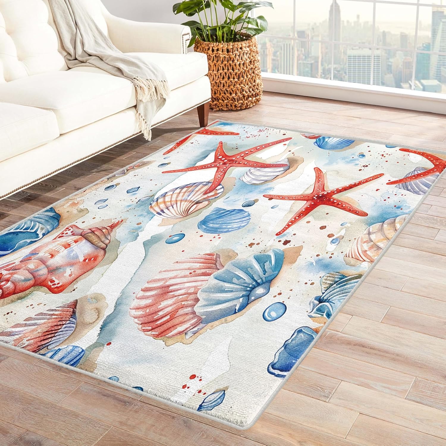 Ocean Beach Rug 3x5, Washable Coastal Rugs for Living Room Bedroom, Starfish Seashell Area Rug for Home Decor, Non Slip Backing Floor Carpet - 3 x 5 ft