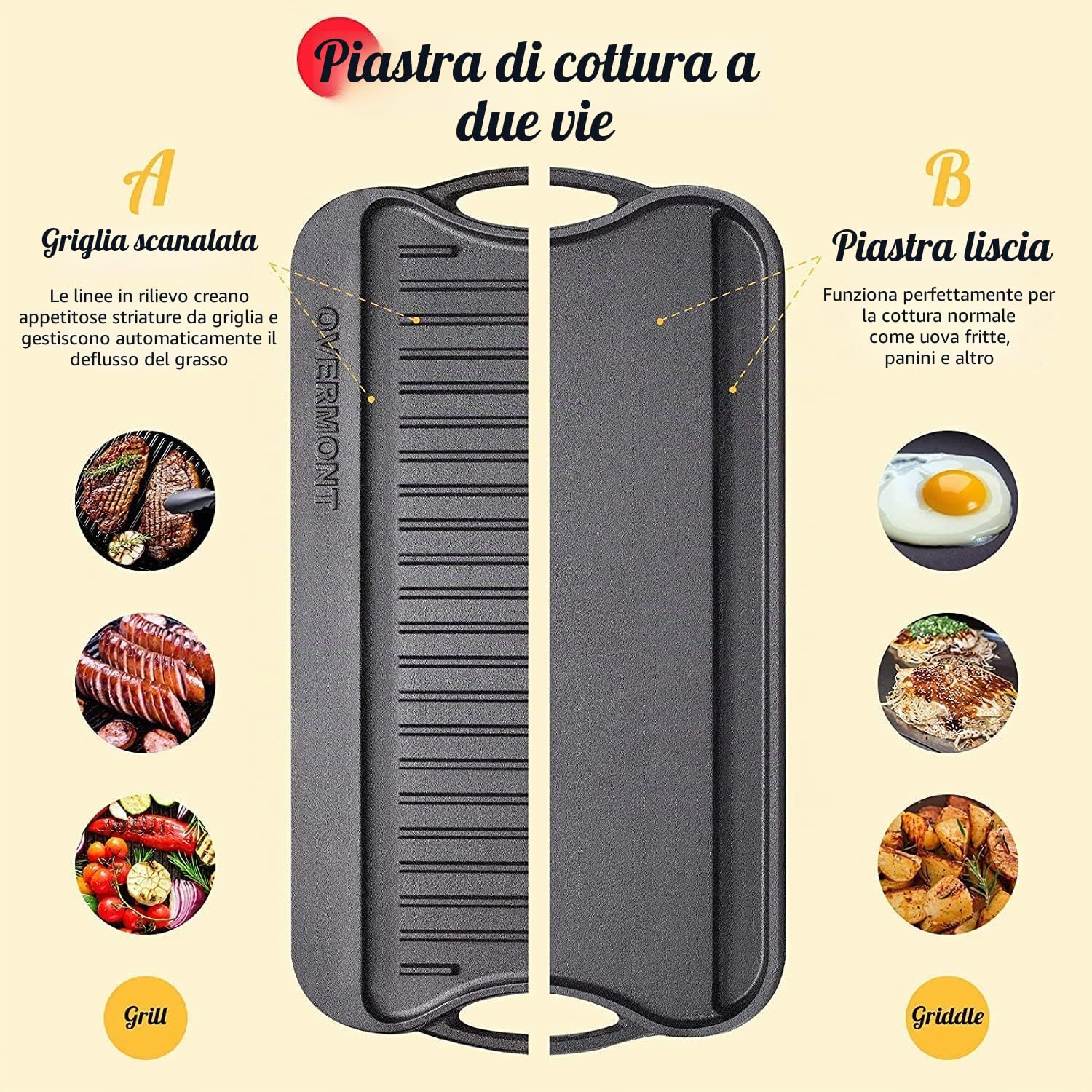 OVERMONT Bistecchiera reversibile in ghisa pre-stagionata, con manici, per piano cottura a gas, forno a fuoco aperto, 43,18 x 24,89 cm, un vassoio, raschietti inclusi