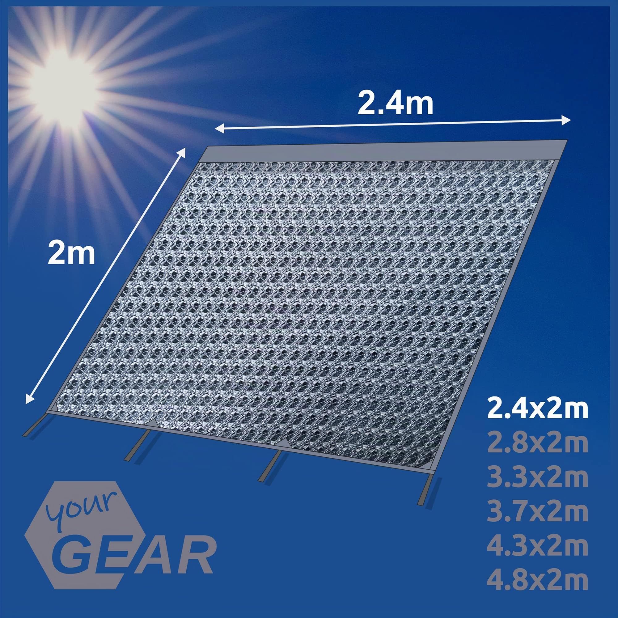 your GEAR Capri Sun Blocker Paroi avant et parois latérales perméable au vent pour auvent, protection visuelle et protection solaire, 3 passepoils, diamètre 4,3, 6,2 et 7 mm, largeurs de 240 à 480 cm