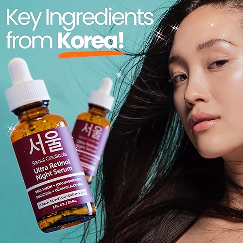 Miniatura 7 de SeoulCeuticals Suero nocturno de retinol coreano al 1% para la cara, 97.5% de mucina de caracol + ácido hialurónico + bakuchiol, belleza K sin