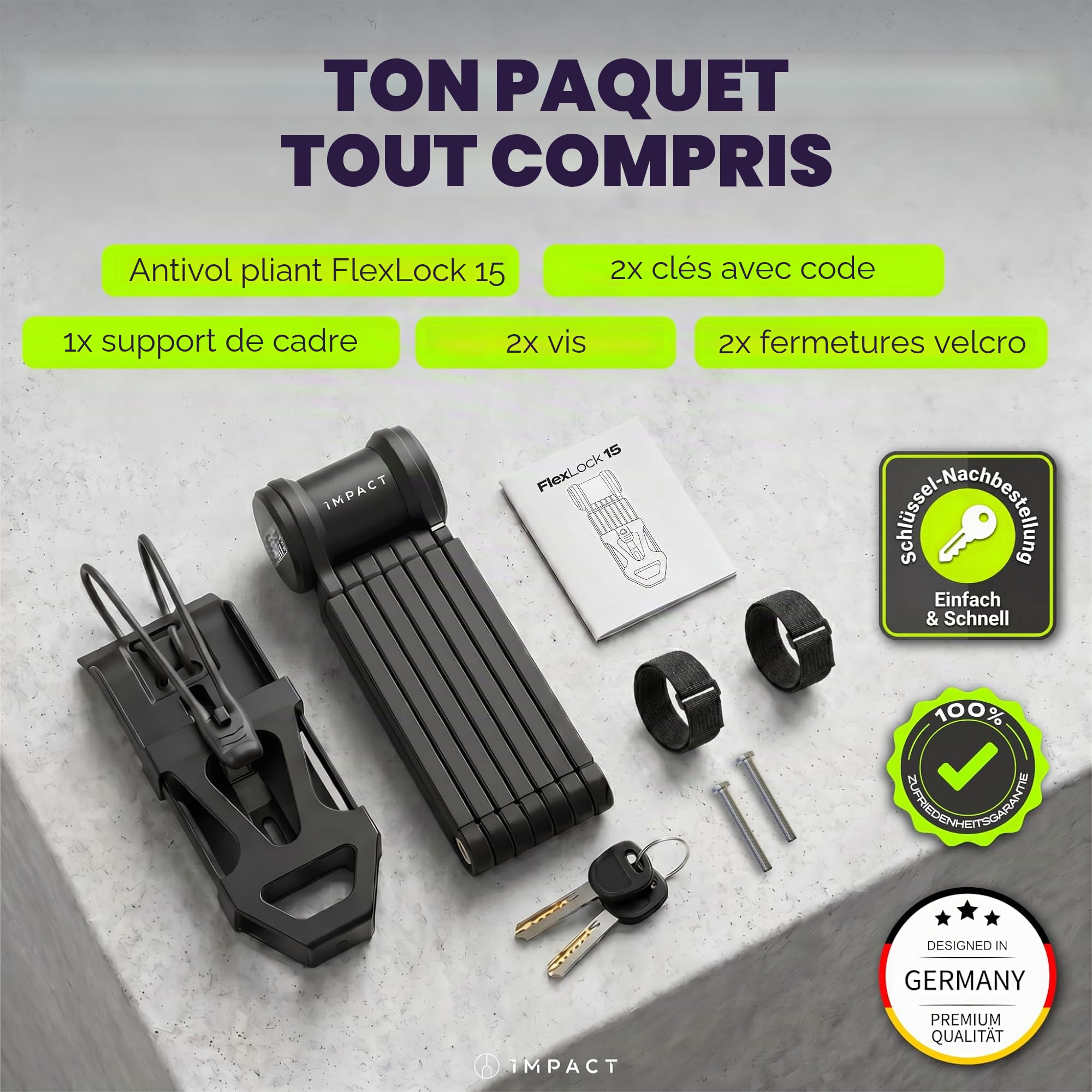 IMPACT® FlexLock 15 - Antivol Pliable de Qualité Supérieure pour Vélo - Haute Sécurité - Pratique avec Niveau de Sécurité de 15 à 110 cm - Robuste et Résistant