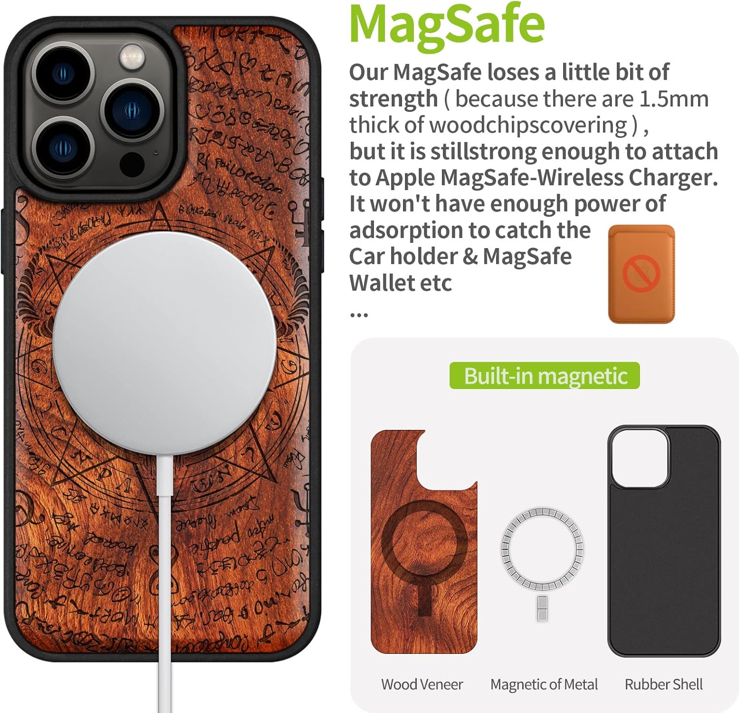 Carveit Magnetic Wood Case for iPhone 14 Pro Max [Natural Wood & Black Soft TPU] Unique & Classy Wooden Shockproof Protective Cover Compatible with magsafe (The Devil -Baphomet -Rosy)