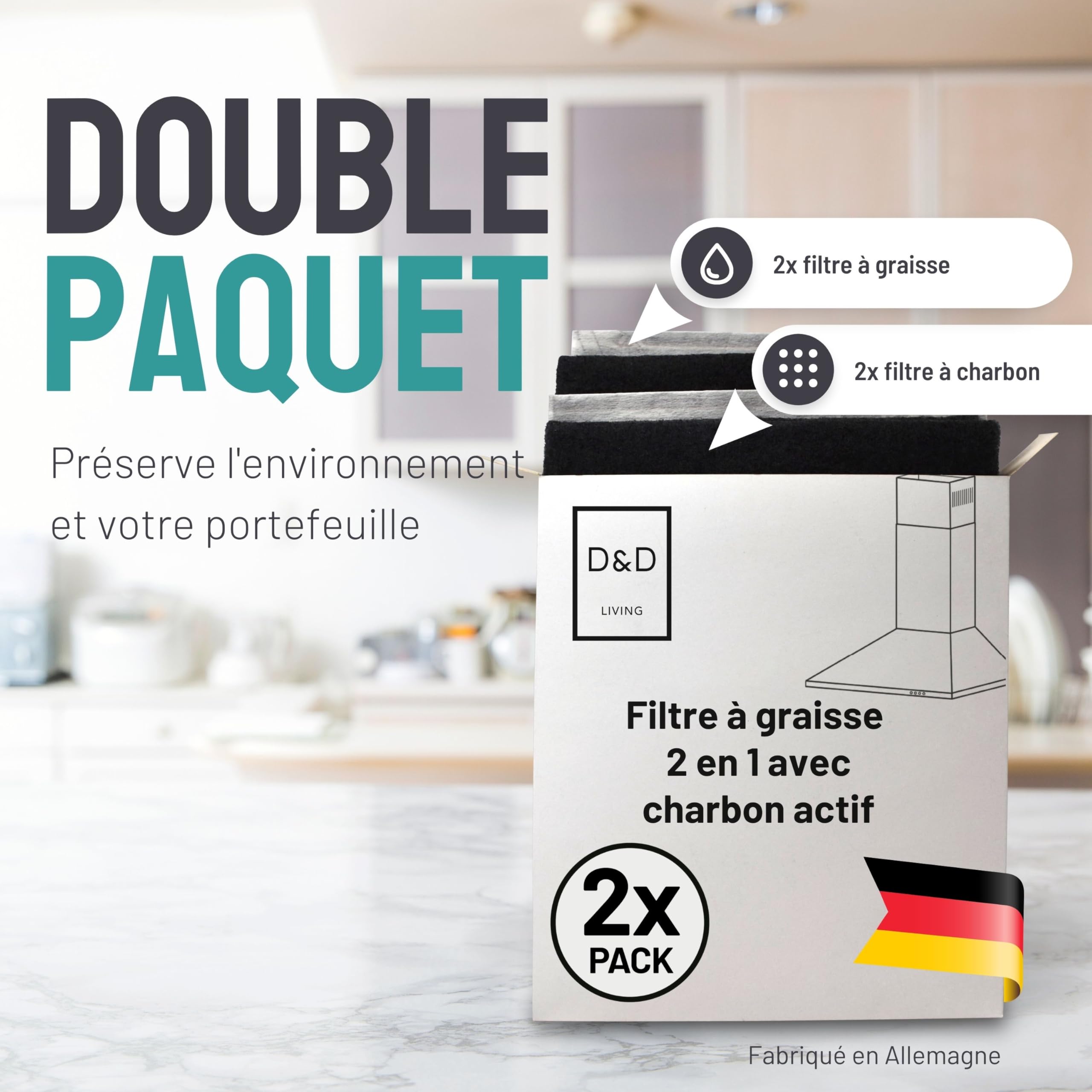 FilterBase® Filtre à charbon actif pour hotte aspirante | Lot de 2 | Filtre à graisse plat + filtre à charbon pour hotte aspirante | Tapis découpable 57x47 cm