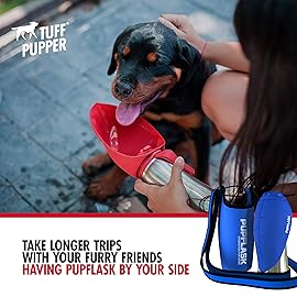 Tuff Pupper PupFlask Insulated Neoprene Dog Water Bottle Holder Sling with Wide Adjustable Shoulder Strap, Great for Travel, Walking, Hiking, Portable Pet Water Bottle Holder (27 OZ, Nebulas Blue)