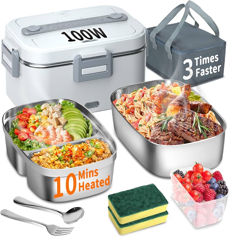 Electric Heated Lunch Box for Adults - 100W 3-IN-1 1.8L Heated Lunch Boxes for Men Portable with 2 Pack Containers, Fast Heating Food Warmer,12V/24V/110V for Car Truck Office Travel Camping