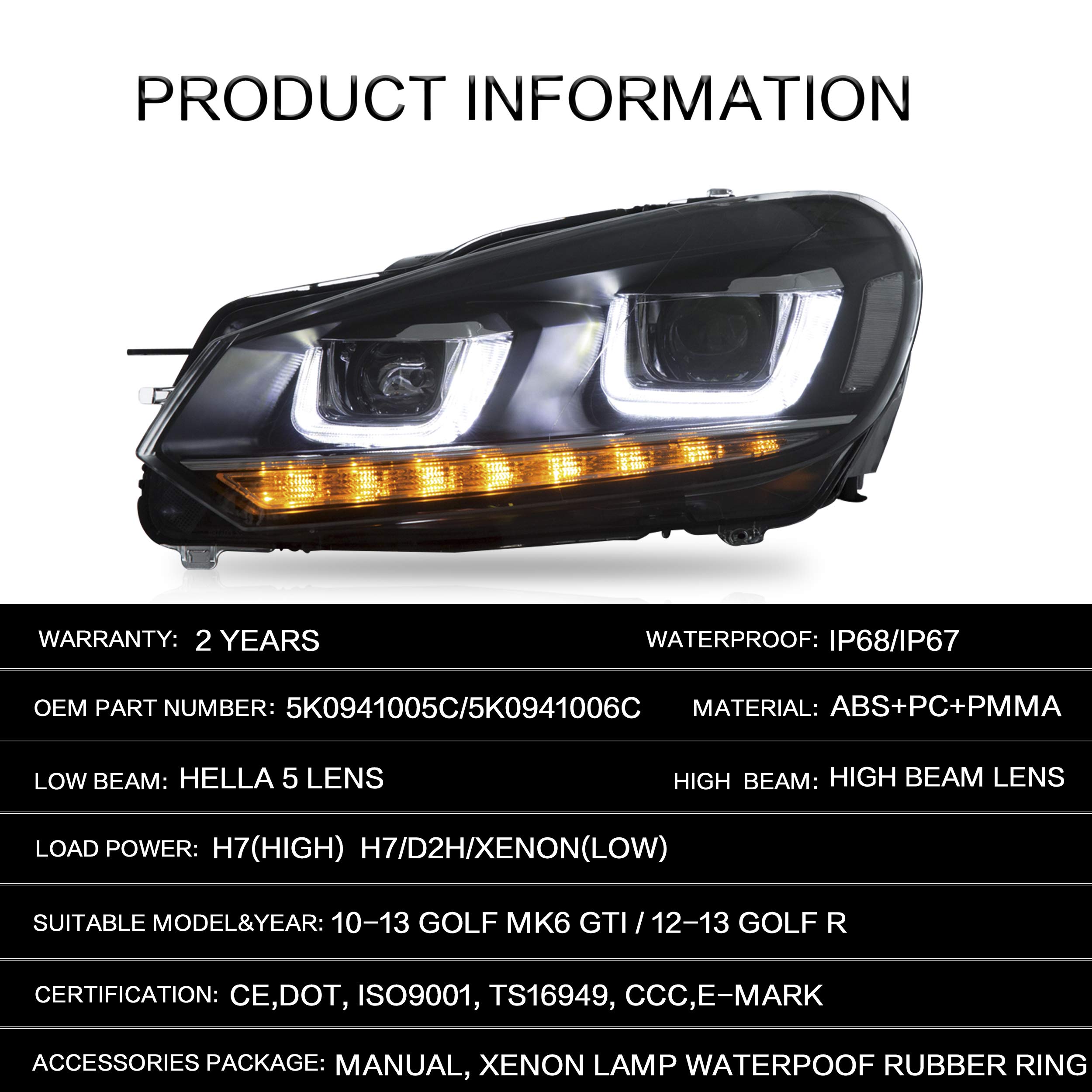 VLAND Headlight Assembly Fit for 2010 2011 2012 2013 GOLF MK6, LED