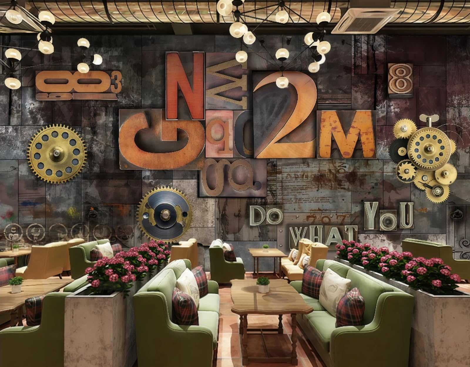 Tapeta retro żelazo mechaniczna przekładnia trójwymiarowa litera motyw bar zachodnia restauracja tło ścienne popołudniowa herbata kawa tapeta, 3D, 250x175cm