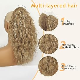 ORSUNCER Ponytail Extension Claw 18 Curly Pony Tail Clip in Claw Hair Extensions Fluffy Natural Looking Synthetic Hairpiece for Women Blonde Highlight