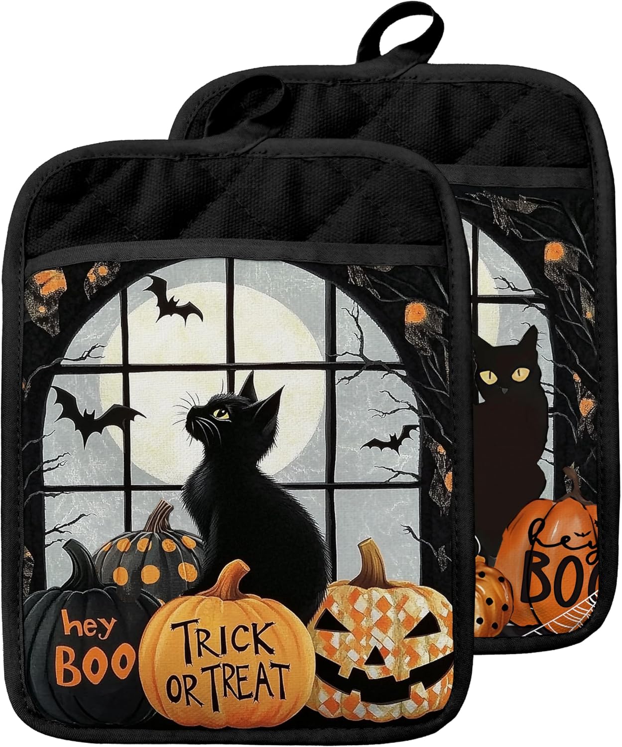 Black Cat Pumpkin Halloween Pot Holders with Pockets, Spooky Halloween Moon Bat Oven Pot Holders Heat Resistant Oven Mitts Hot Pads for Kitchen Baking Cooking, Set of 2