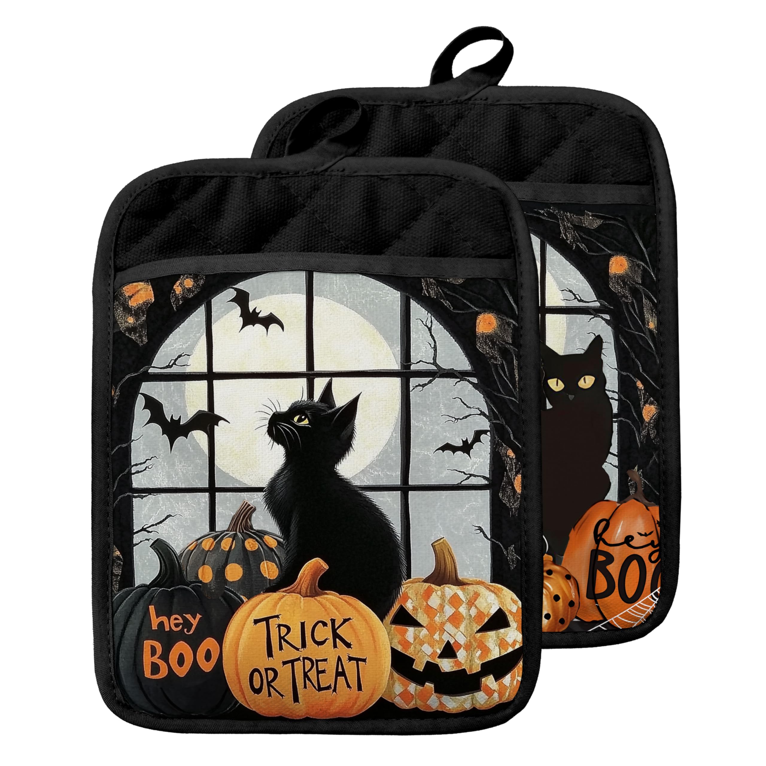 Maniques d'Halloween lot de 2 gants de cuisine avec poches motif chat noir et citrouille