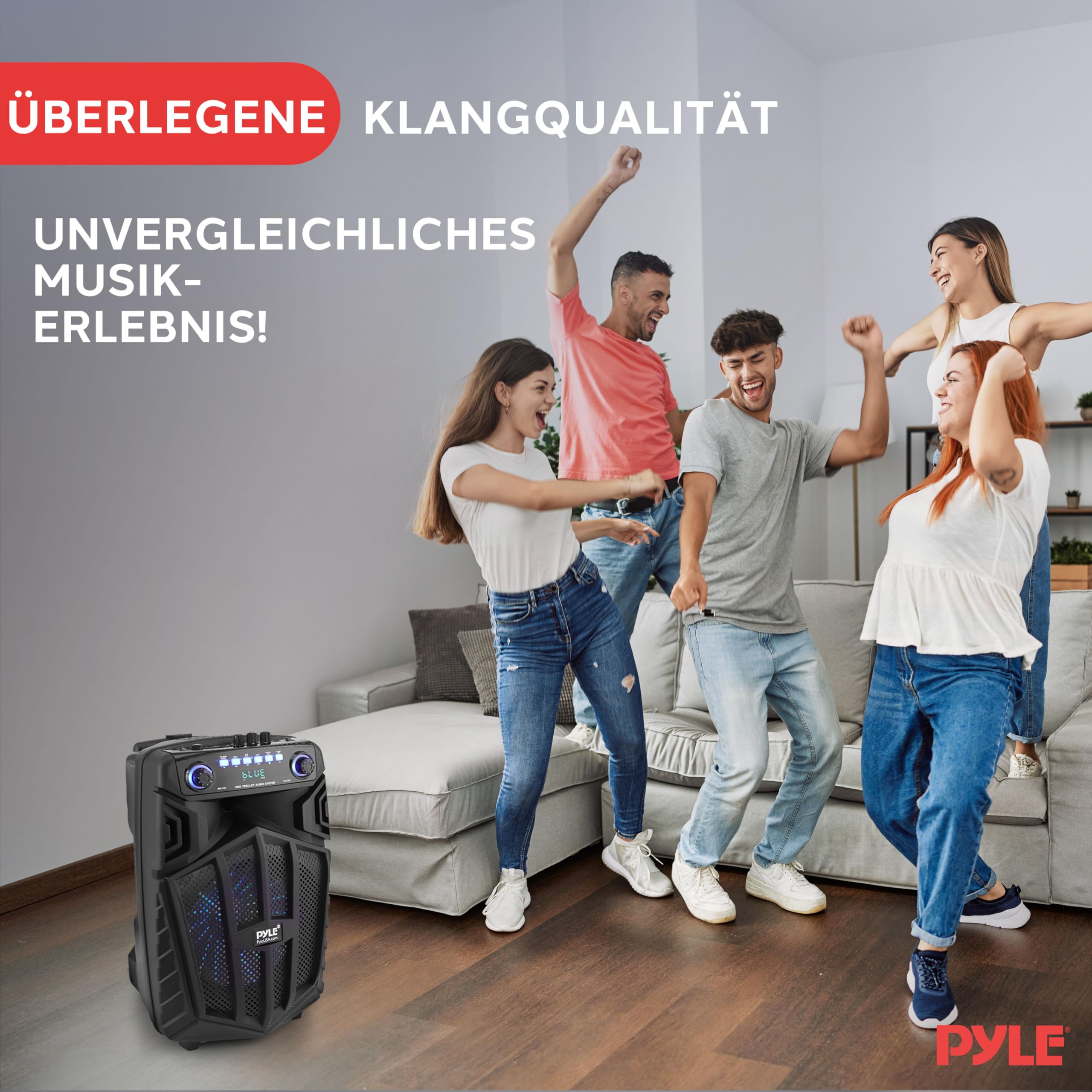 Pyle Tragbarer Bluetooth-Lautsprecher 880 W mit kabellosem Mikrofon und Rädern TWS Partylichter