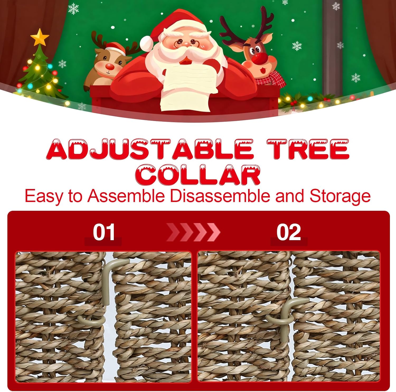 Joyhalo 28" Christmas Tree Collar, Xmas Pencil Tree Skirt for 7.5 FT Tree, Natural Rattan Wicker Tree Base Cover, Woven Basket Base Protection from Pets