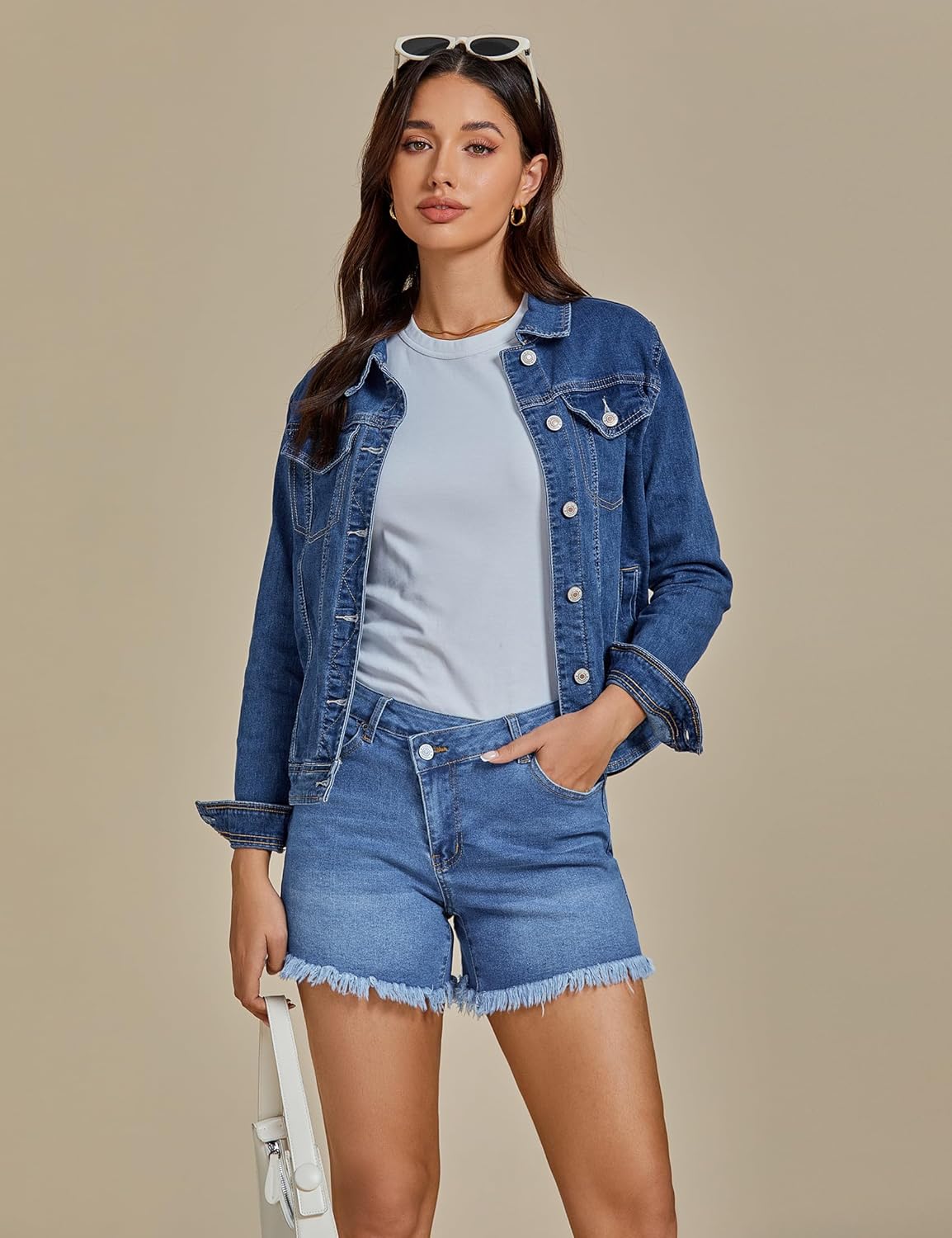 luvamia Jean Shorts for Women Mid Rise Trendy Stretchy Crossover Waist Denim Shorts Raw Hem Casual Summer Pockets - Image 6