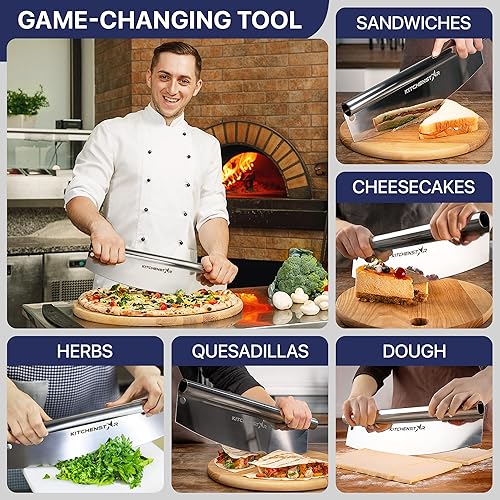 Vista 7 de KitchenStar Cortador de pizza de 18 pulgadas con cuchilla balancín - Cuchillo de acero inoxidable afilado para rebanar, cubierta protectora, apto