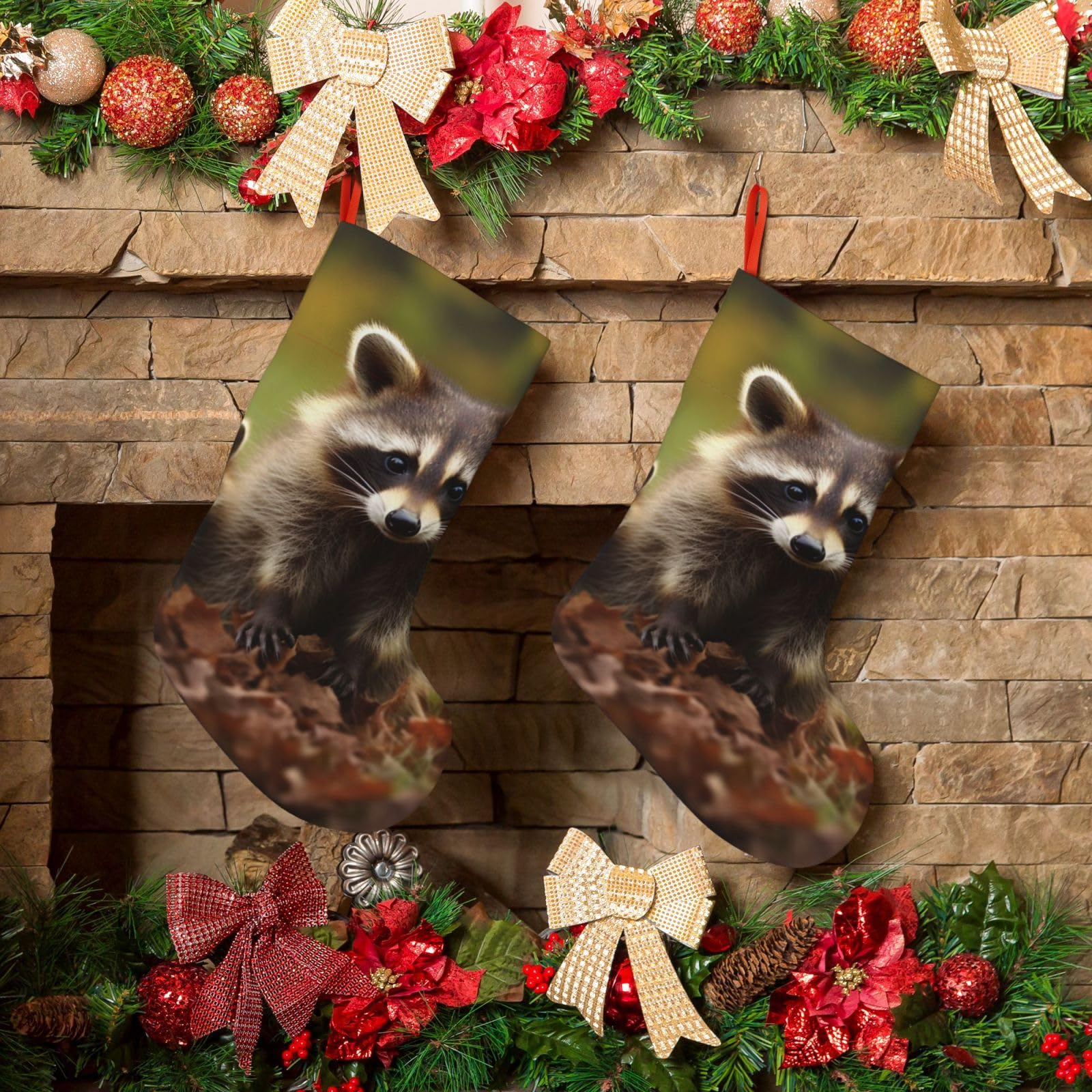Raccoon Christmas Stockings 18 Inches Velvet Xmas Fireplace Hanging Stocking Rustic Christmas Santa Stockings for Home Christmas Decorations Party Favor Supplies