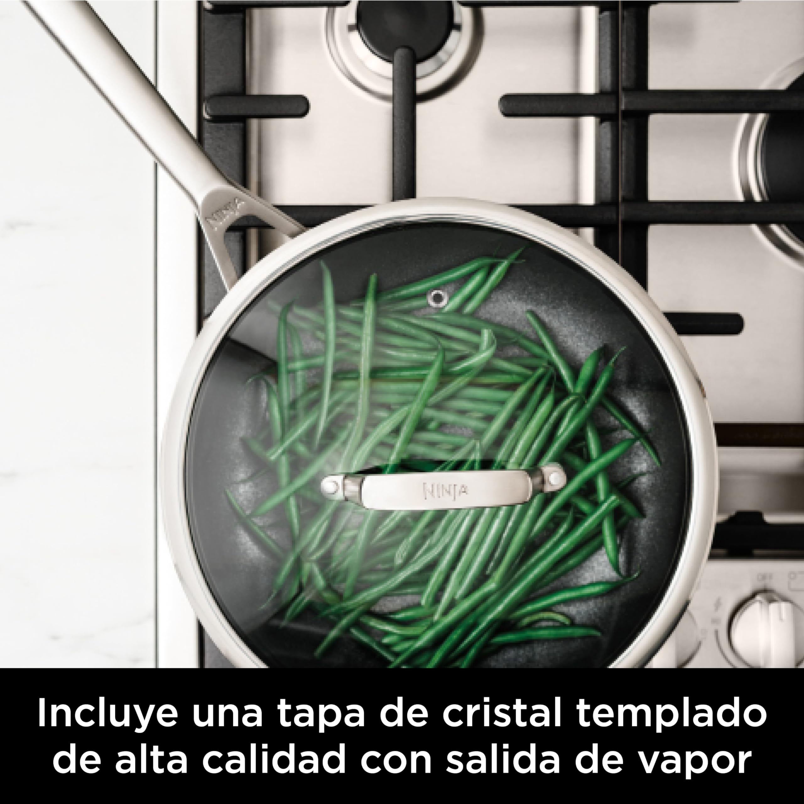 Ninja Foodi ZEROSTICK Juego de 3 cacerolas de 16, 18 y 20 cm, con tapa de vidrio templado, antiadherentes y en acero Inoxidable, aptas para inducción, lavavajillas y horno hasta 260 °C, C63000EU