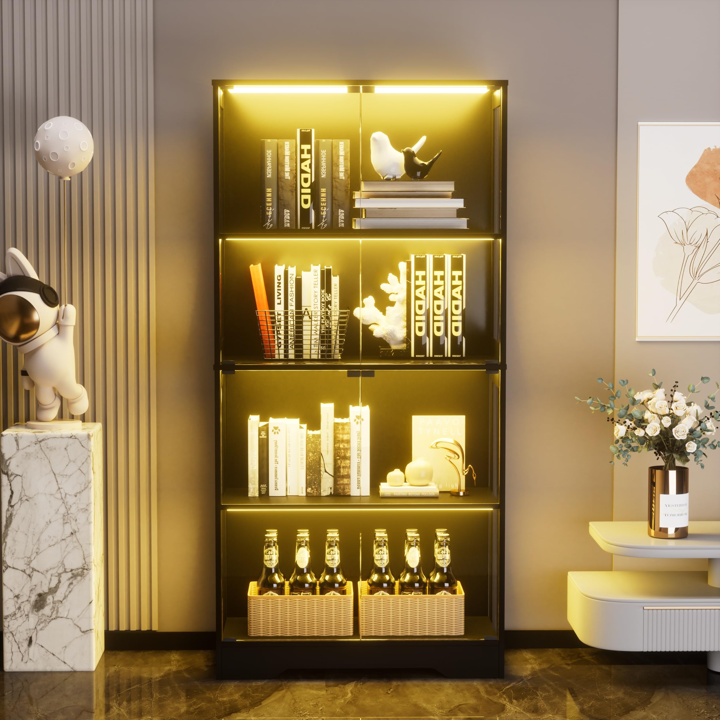 Vitrina de cristal de cuatro niveles con iluminación LED y espacio de almacenamiento – vitrina de cristal independiente con puertas de cristal, sensores inteligentes y armario de pantalla a prueba de