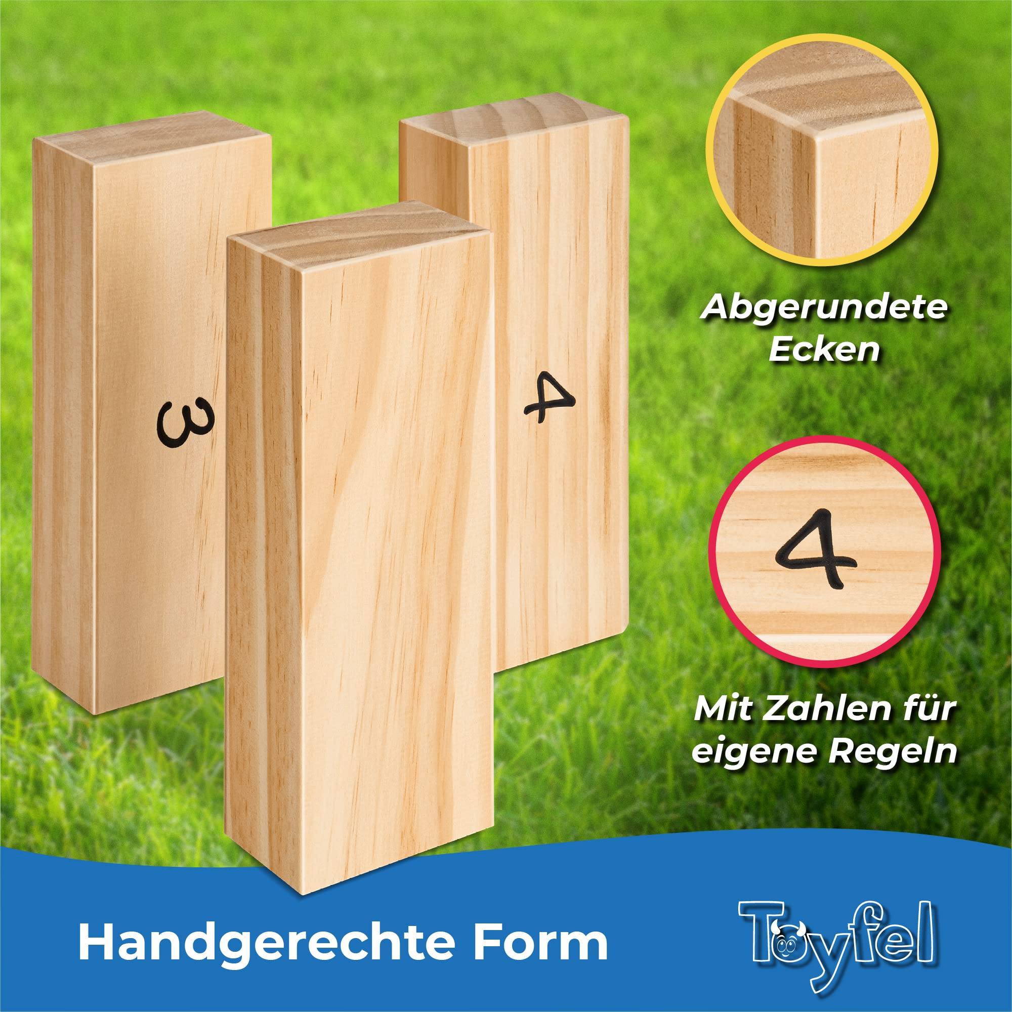 XXL Wackelturm Riesen Stapelturm Outdoor Spiel - Toyfel® Wackelturm Holz 0,7-1,2m hoch Bodenplatte, Tragetasche, Punktetafel Familienspiele Holz FSC® Gartenspiele Spiele für draußen Tip Tower