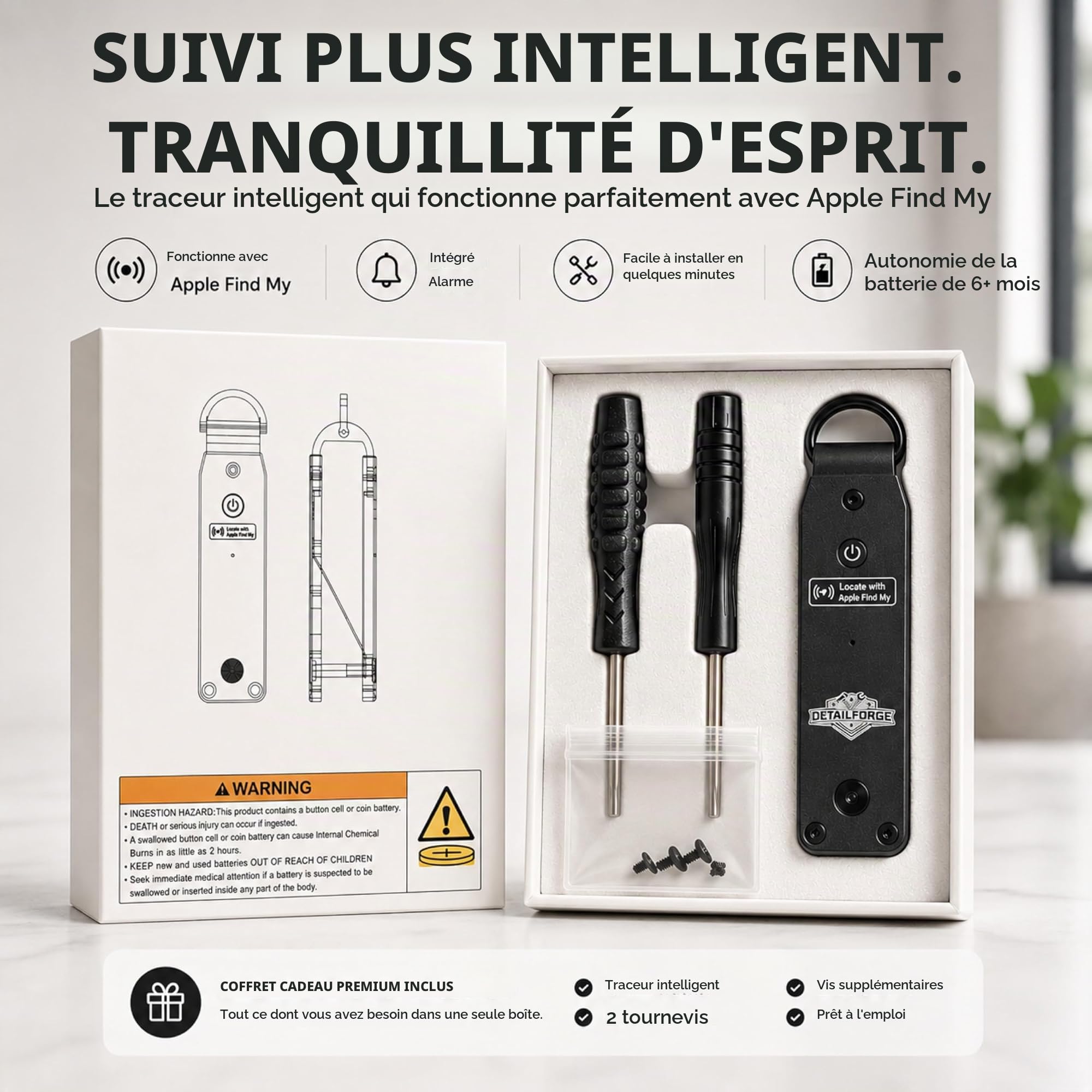 Air Key Organiseur de clés pour jusqu'à 4 clés, compatible avec Apple Find My, avec fonction de recherche Bluetooth et signal sonore (noir)