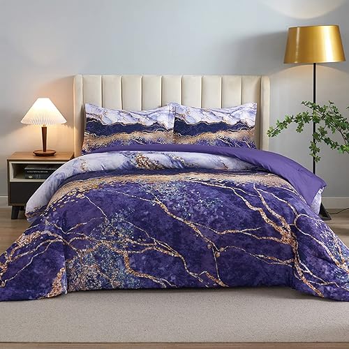 Miniatura 1 de Juego de edredón de mármol acuarela tamaño Queen, juego de ropa de cama morado con textura de piedra abstracta moderna y decoración de lámina
