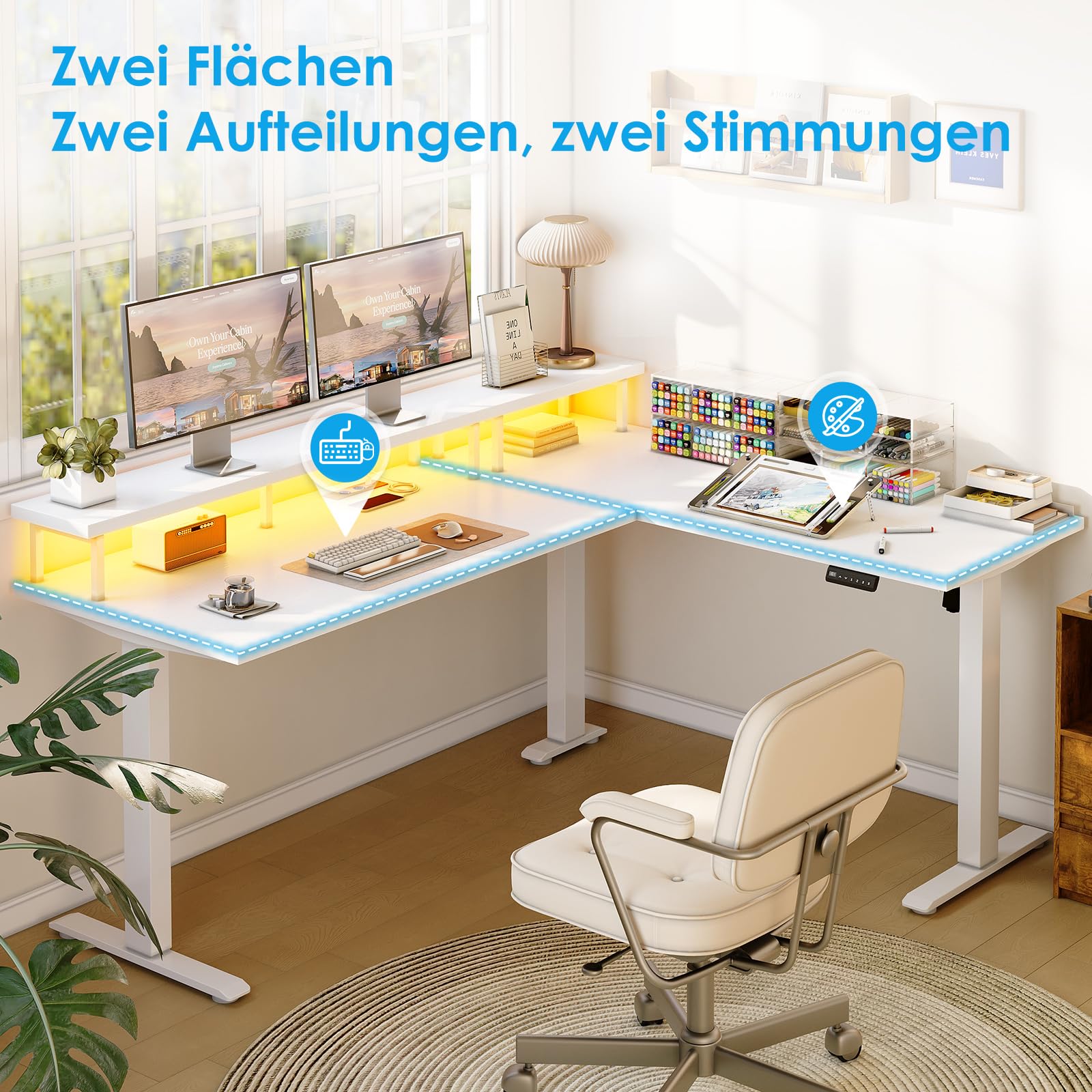 OffiGo Schreibtisch Höhenverstellbar, 150x120cm Eckschreibtisch Höhenverstellbar mit Monitorhalterung, Elektrisch Schreibtisch L Form mit Steckdosen, Computertisch mit LED Lichtleiste für Büro, Weiß