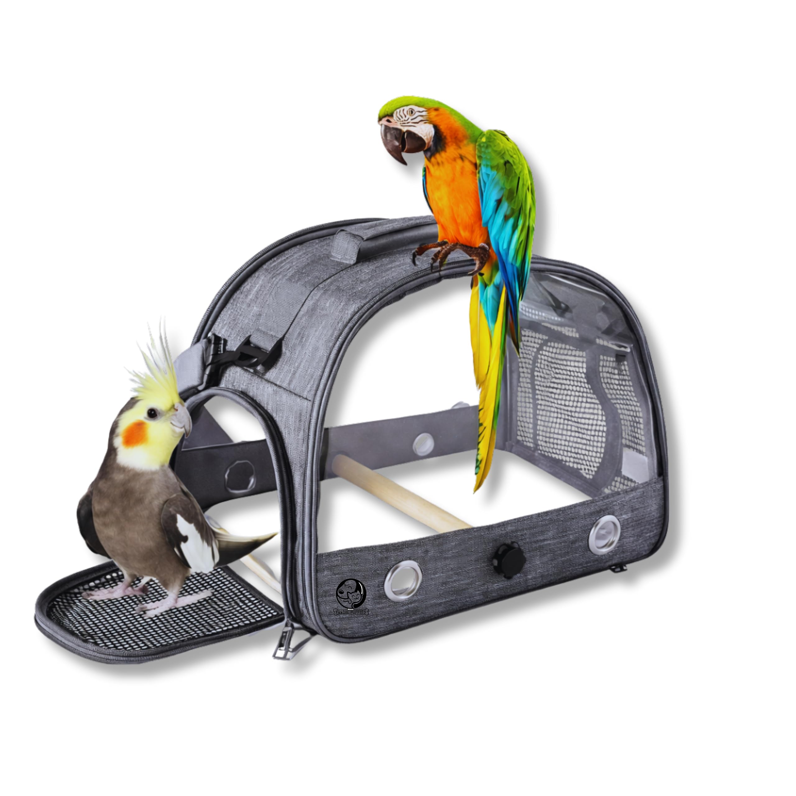 Foodie Puppies Bird Travel Carrier Bag with Wooden Perch and Tray - (Grey), (32x25x25cm) | Airline Approved, Ventilated and Transparent Window | Carrier Hand Bag for Hiking & Outdoor Adventures