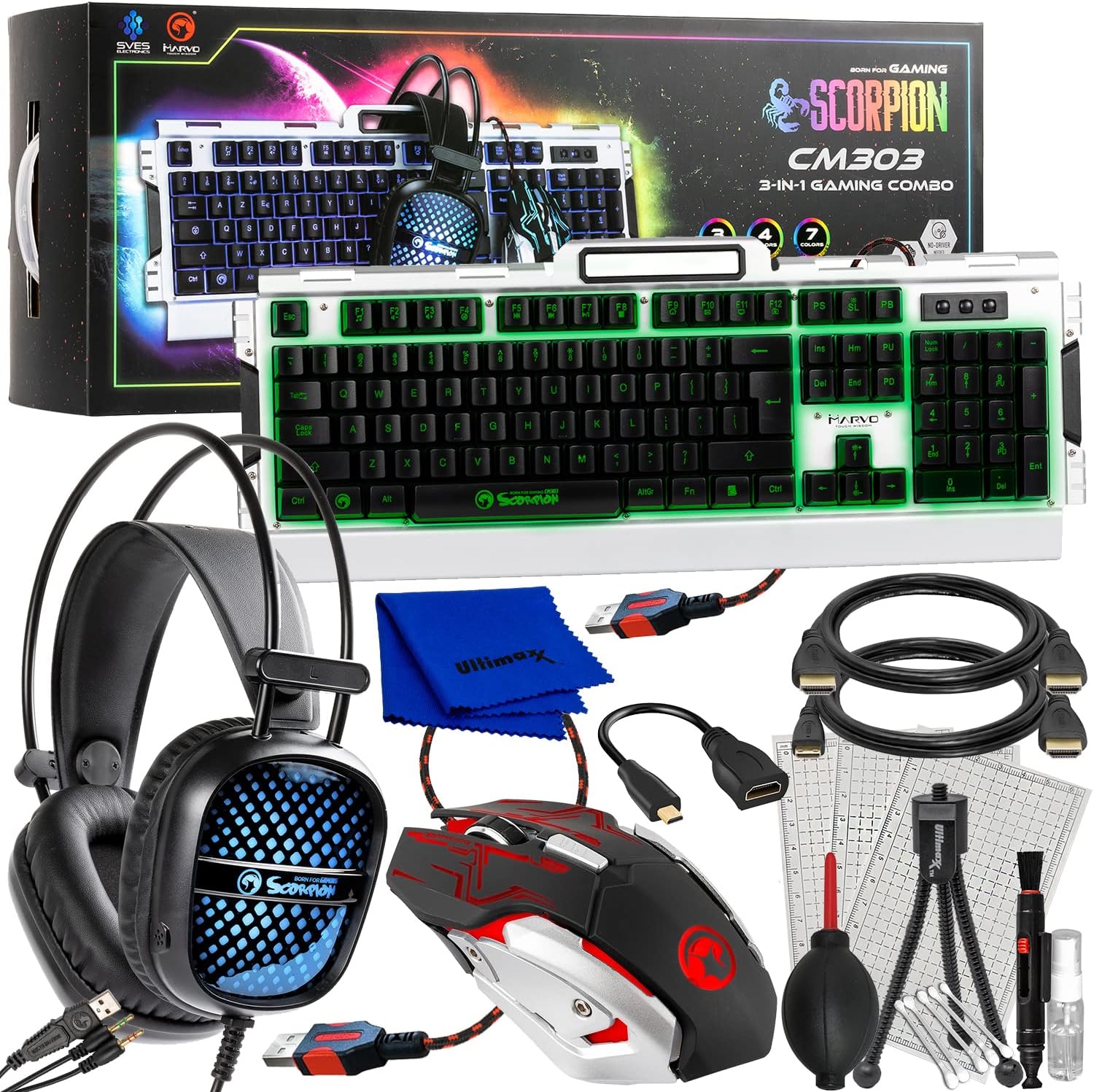 Professional PC & VR Gaming Accessory Bundle - Includes: Marvo Scorpion CM-303 3-in-1 Gaming Combo (Keyboard, Mouse & Headset) + Virtual Reality Glasses/Goggles + Deluxe Equipment Maintenance Kit