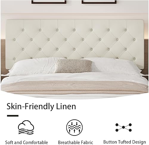 Miniatura 25 de BarnFurin Base de cama de tamaño matrimonial con cabecero, cama de plataforma tapizada con cabecera capitonada con botones ajustables, marco de cama