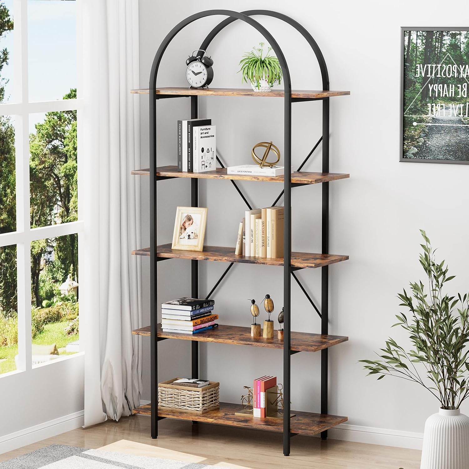 Arched Bookshelf 5 Tier Book Shelf, 31.5 Inch Width Industrial Arch Bookcase, Curved Tall Bookshelf with Open Shelves for Home Office, Living Room, Bedroom, Rustic Brown