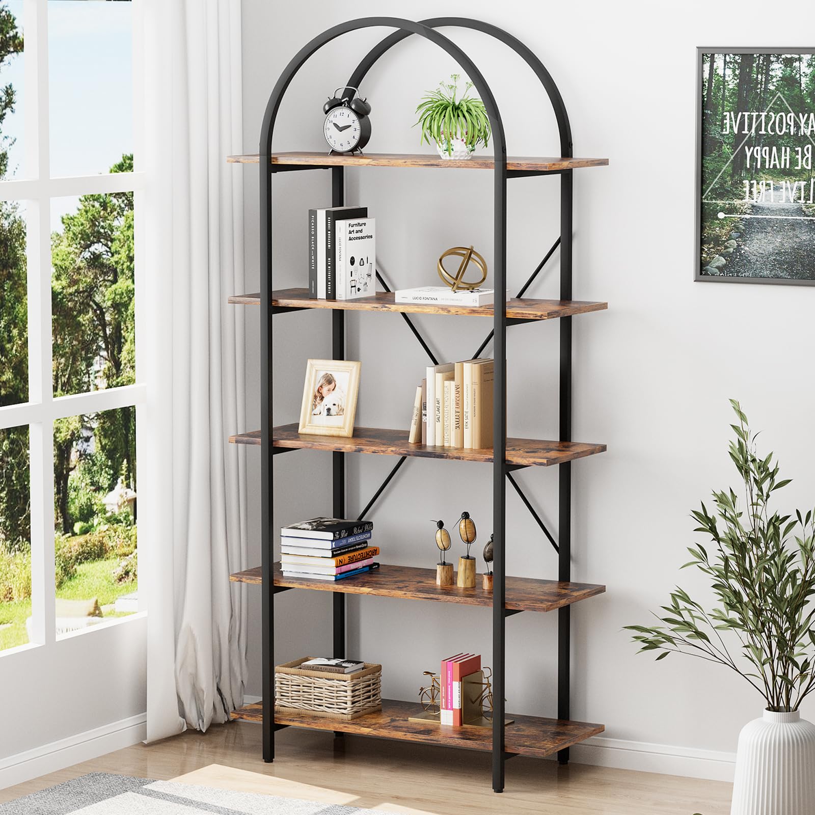Arched Bookshelf 5 Tier Book Shelf, 31.5 Inch Width Industrial Arch Bookcase, Curved Tall Bookshelf with Open Shelves for Home Office, Living Room, Bedroom, Rustic Brown