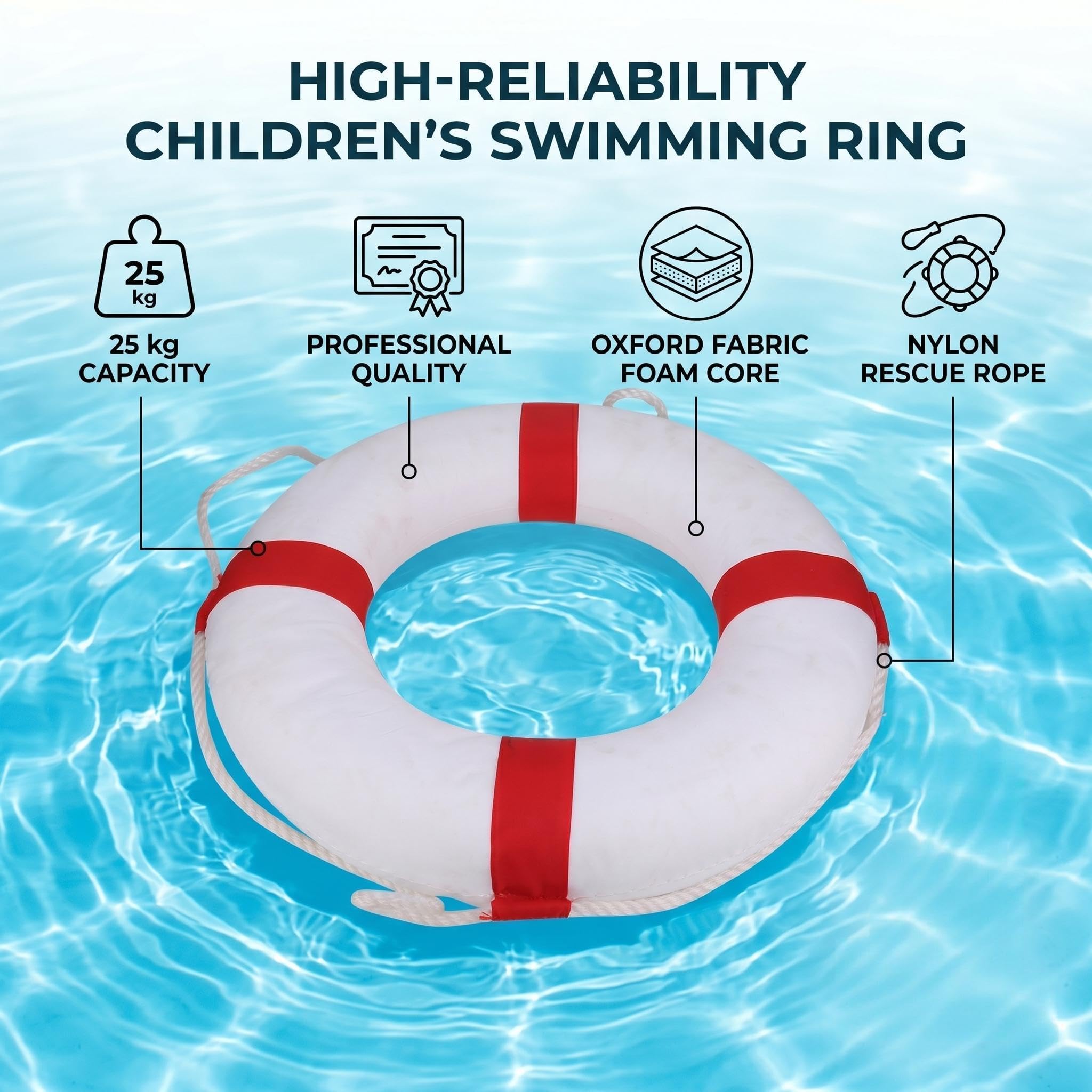 Salvagente salvagente con corda in nylon resistente per bambini, anello di sicurezza in schiuma e tessuto Oxford, diametro 49 cm, salvagente per la sicurezza della piscina