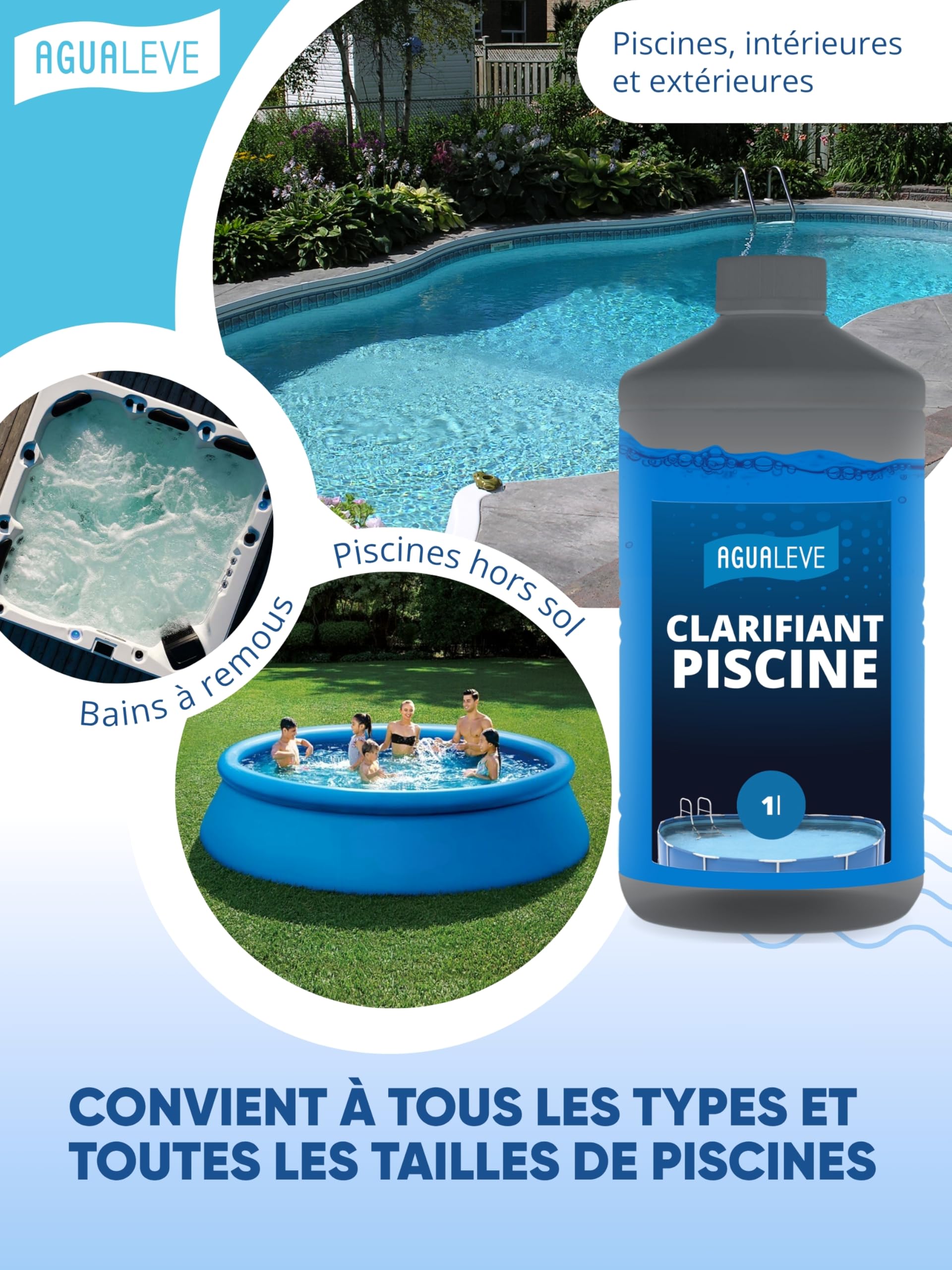 AGUALEVE® Clarifiant Piscine 1L | Formule Cristalline 2.0 pour Une Eau de Piscine Parfaite | Piscines, spas et pataugeoires | Qualité de Marque Made in Germany | pour 200 000 L d’Eau de pisci
