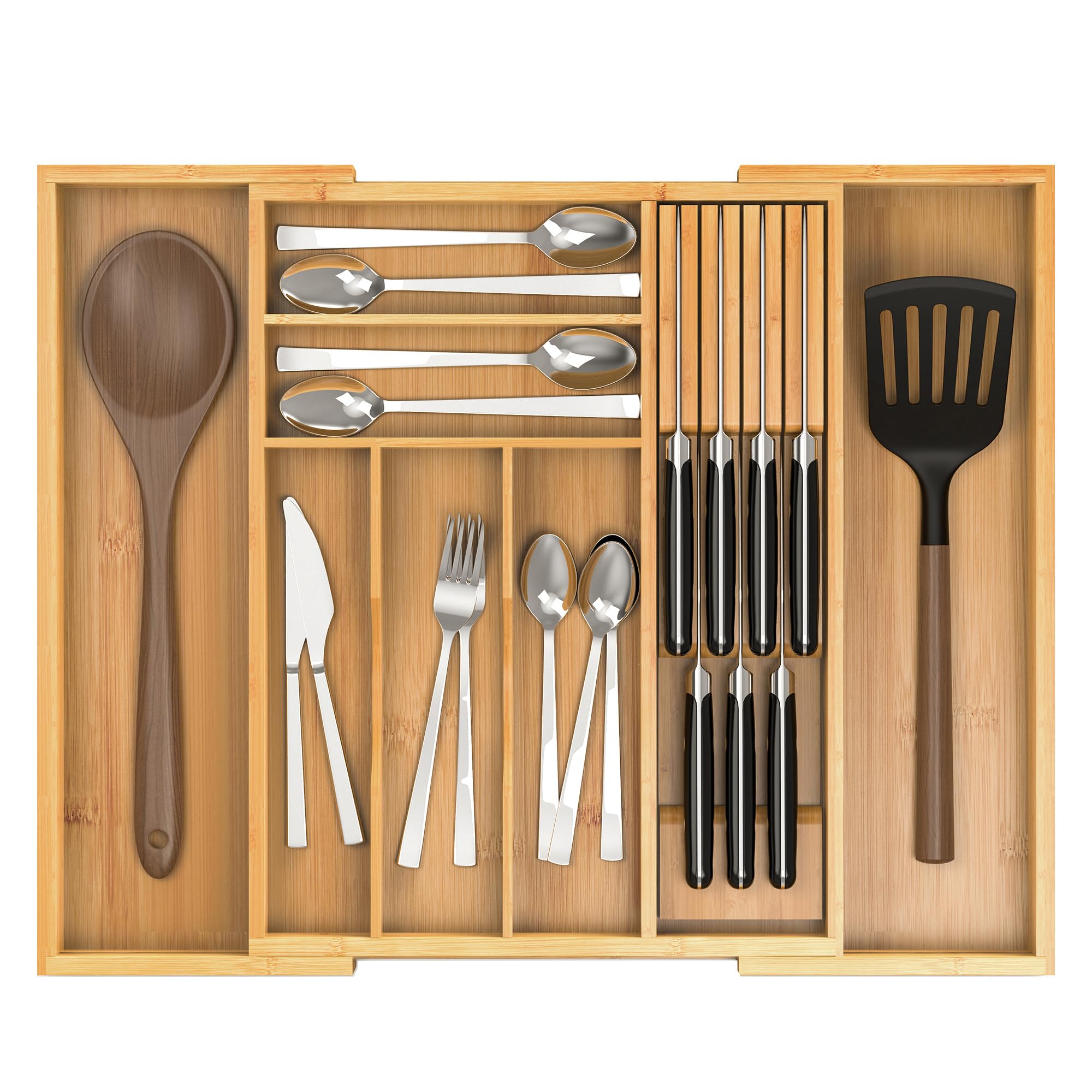 Bambus-Küchenschubladenorganizer, erweiterbarer Utensilien-Organizer mit abnehmbarem Messerblock, Besteckkasten mit Trennwand, verstellbarer Besteck-Organizer