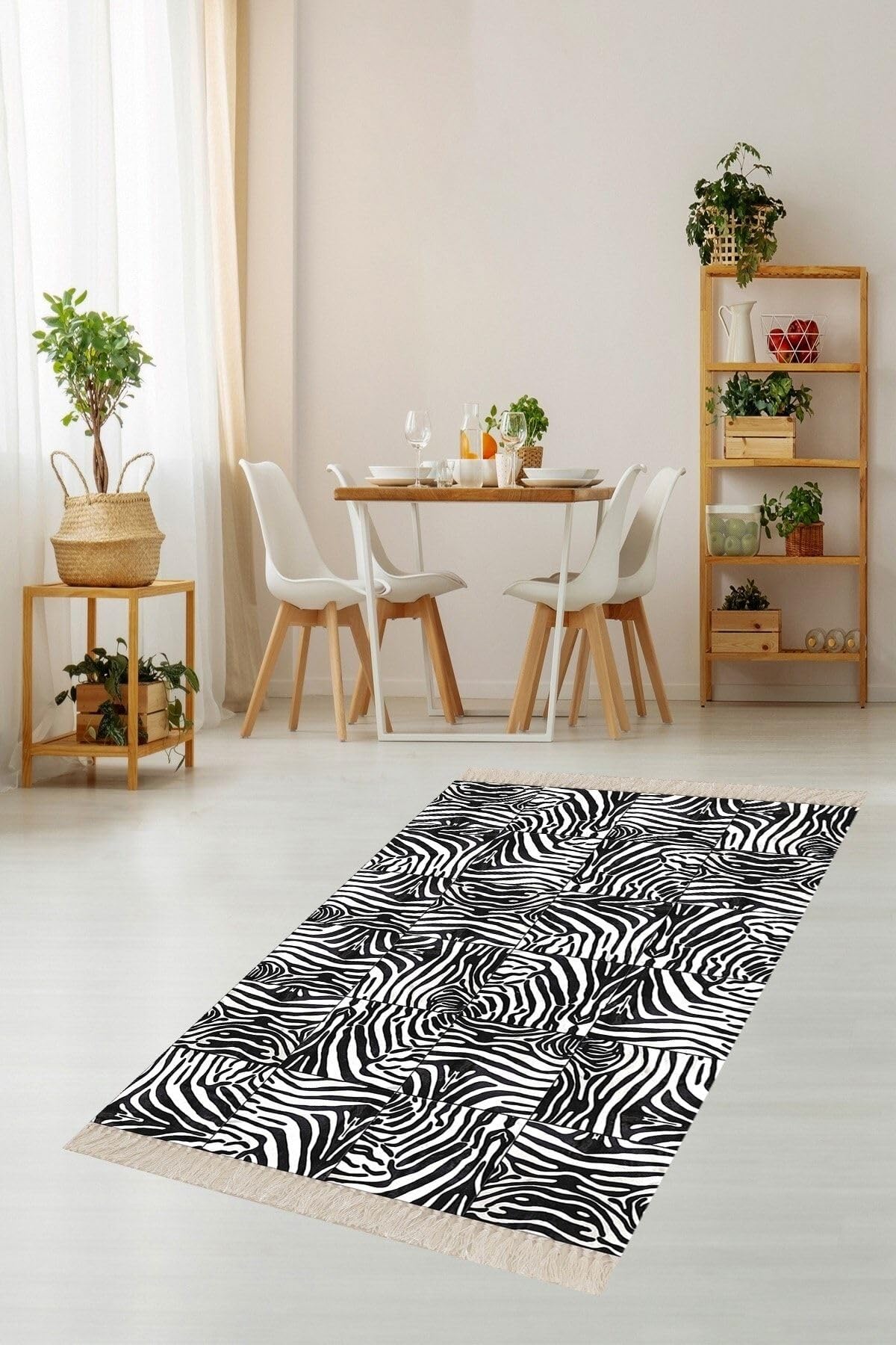 Pelangi Zebra Desenli Dijital Baskı Yıkanabilir Kaymaz Taban Modern Salon Halısı, Siyah 160 x 230